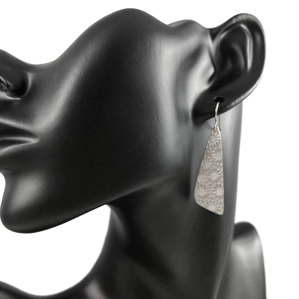 Silver triangle dangle earrings, Pure titanium and stainless steel jewelry, Floral unique statement earrings