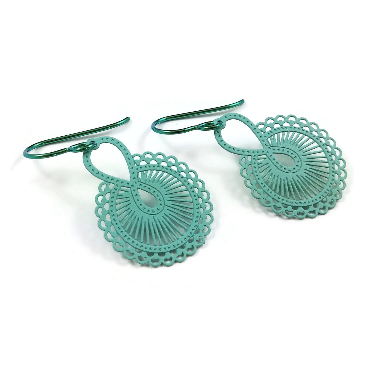 Aqua floral niobium earrings, Hypoallergenic dangle infinity earrings, Lightweight filigree jewelry