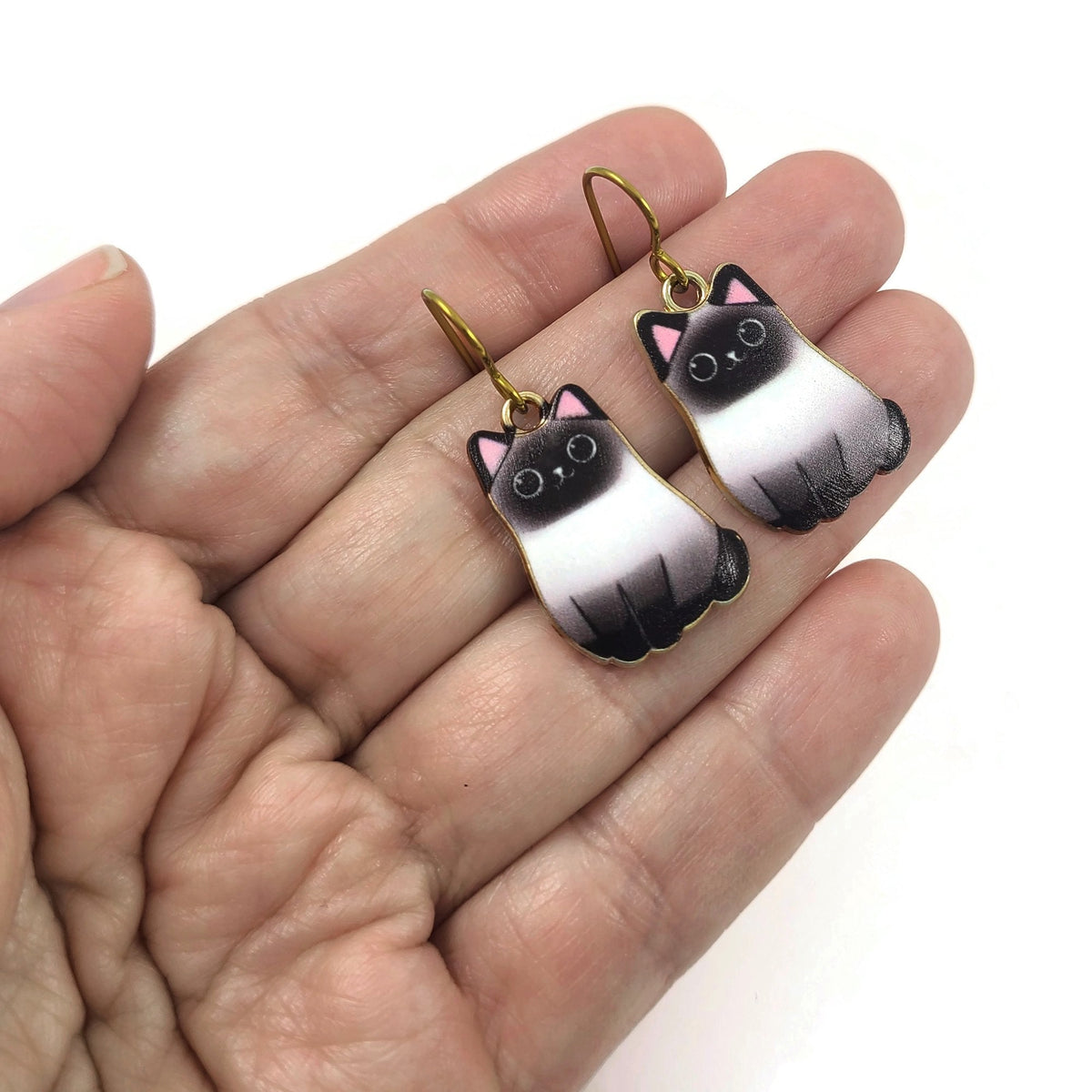 Cat earrings, Pure niobium dangle earrings, Hypoallergenic gold jewelry, Fun cat lover gift ideas