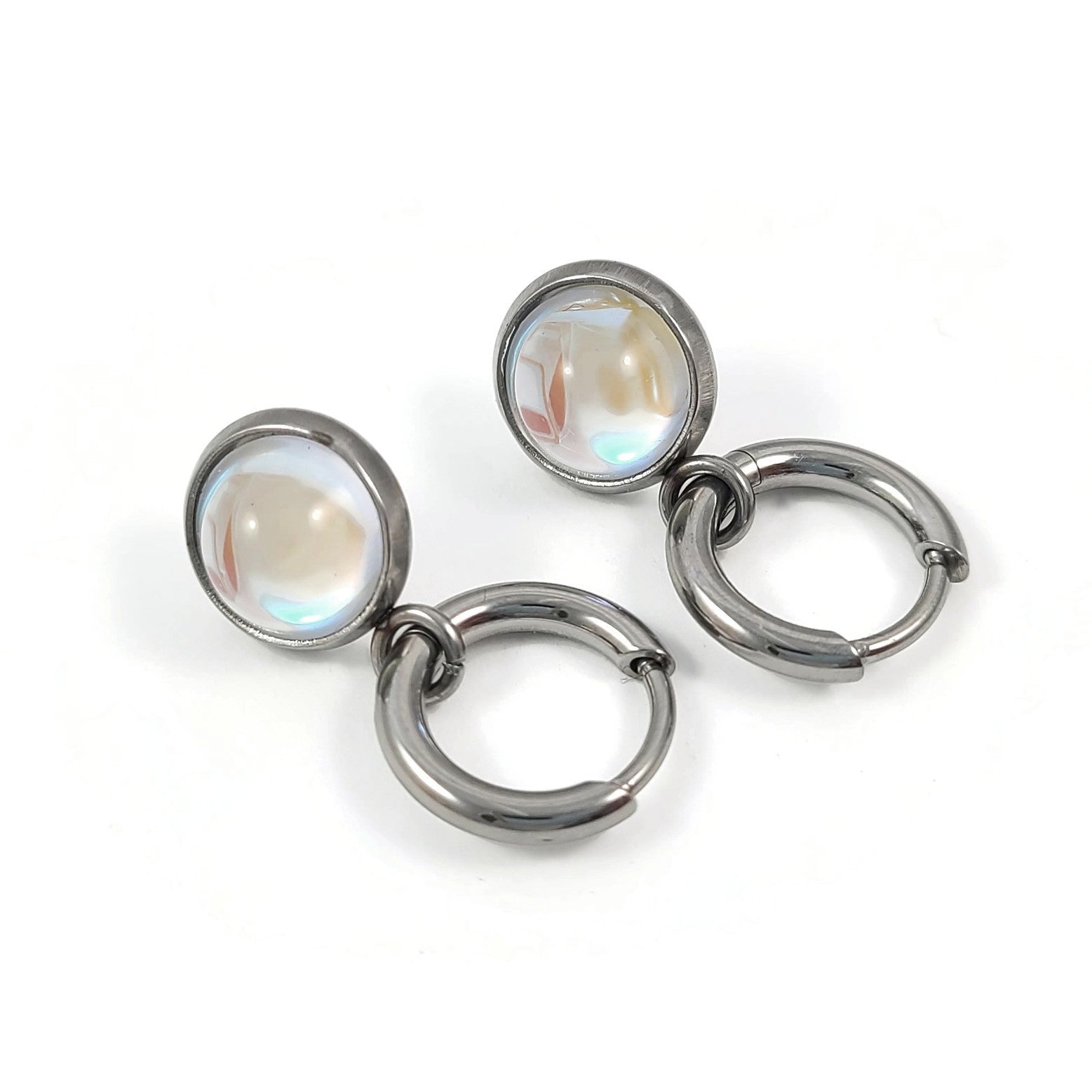 Titanium huggie hoops with Opalite charms