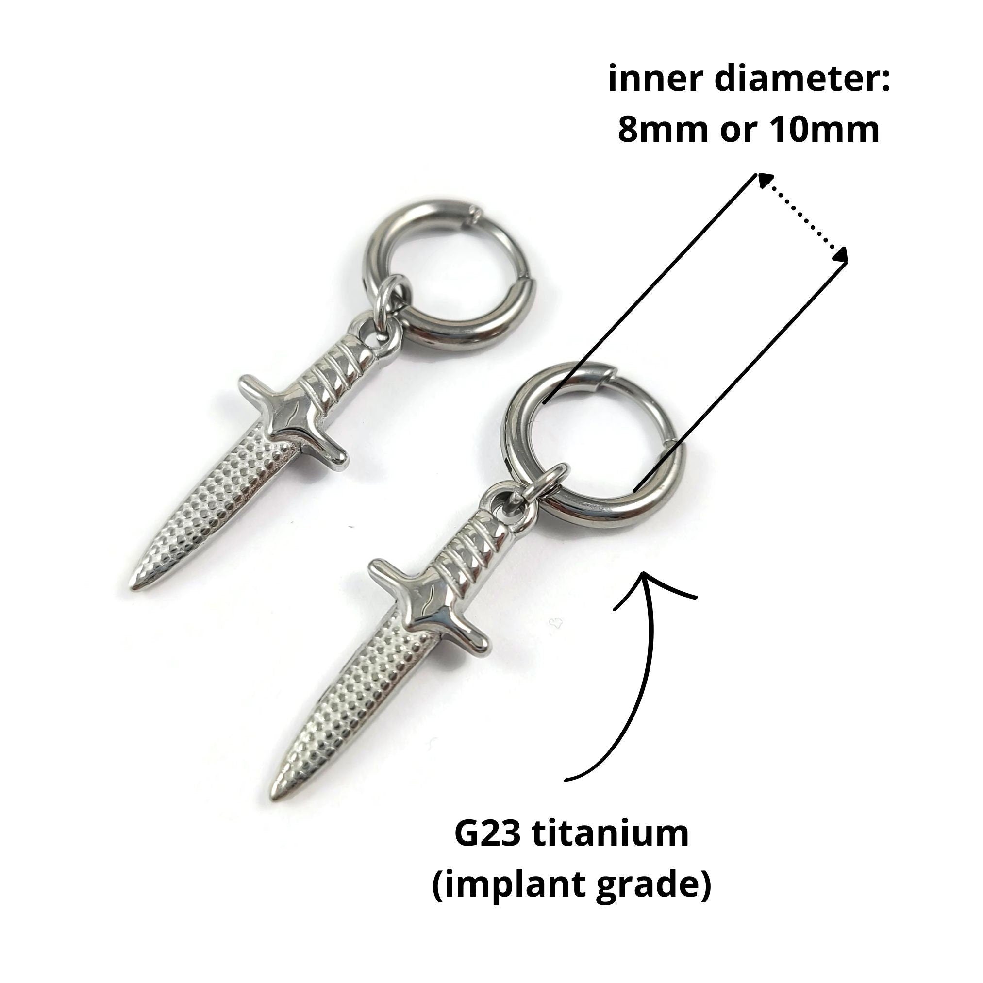 Dagger hoop earrings, Implant grade titanium and stainless steel, Hypoallergenic sword jewelry