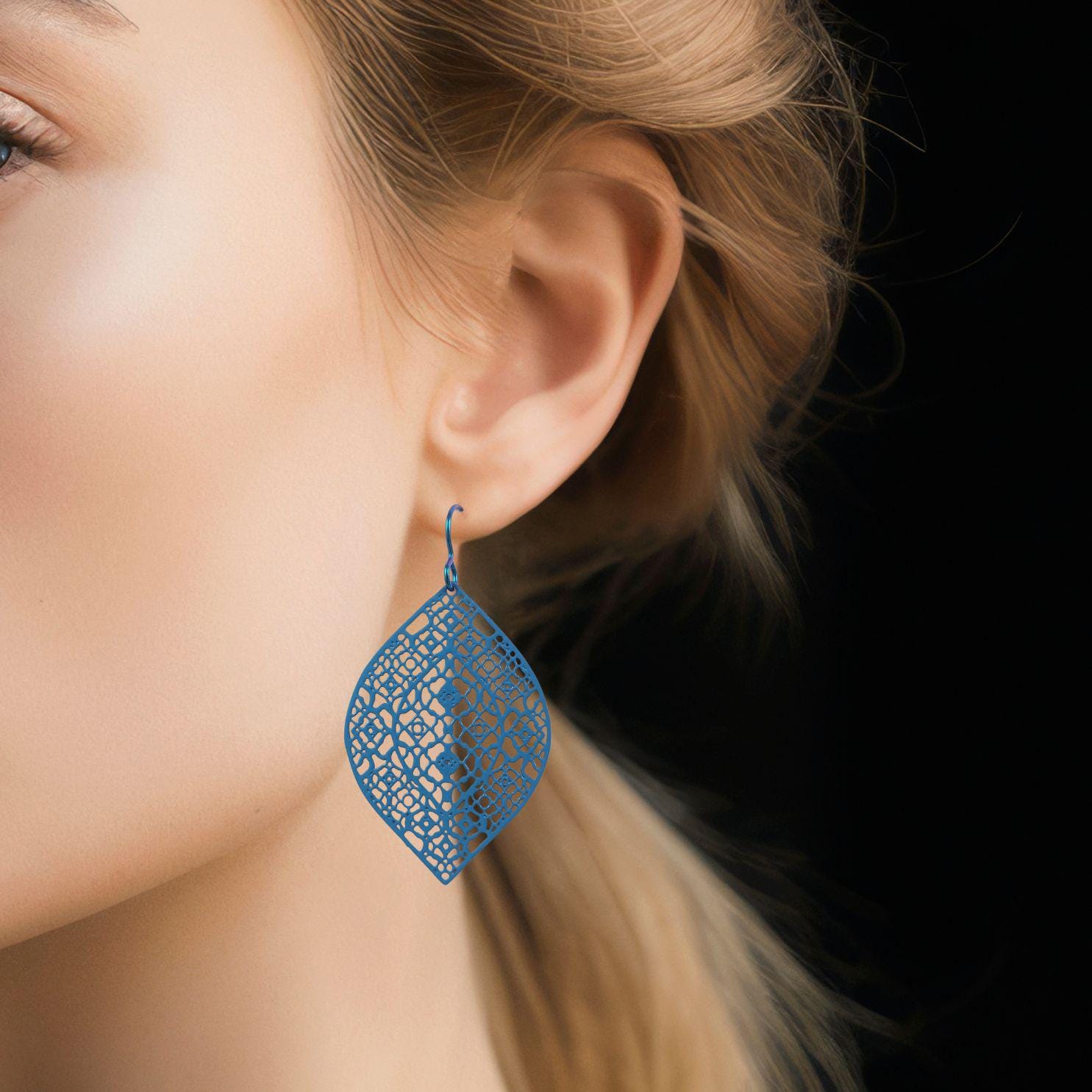 Lace filigree earrings, Pure niobium and stainless steel jewelry, Lightweight everyday earrings