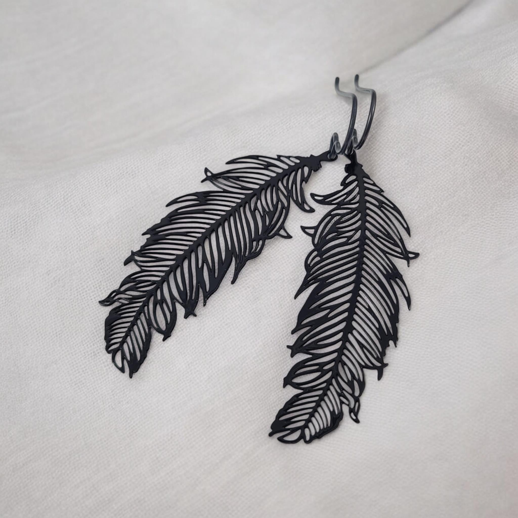 Black feather niobium earrings, Hypoallergenic filigree jewelry