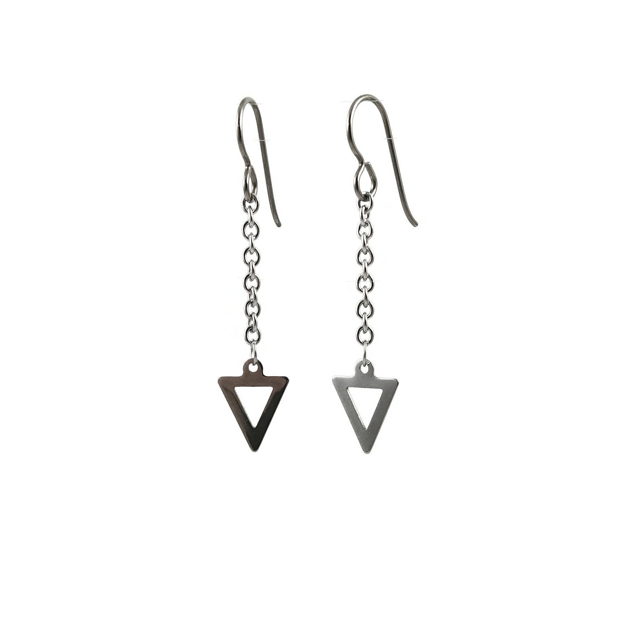 Triangle silver chain dangle earrings - Hypoallergenic pure titanium and stainless steel