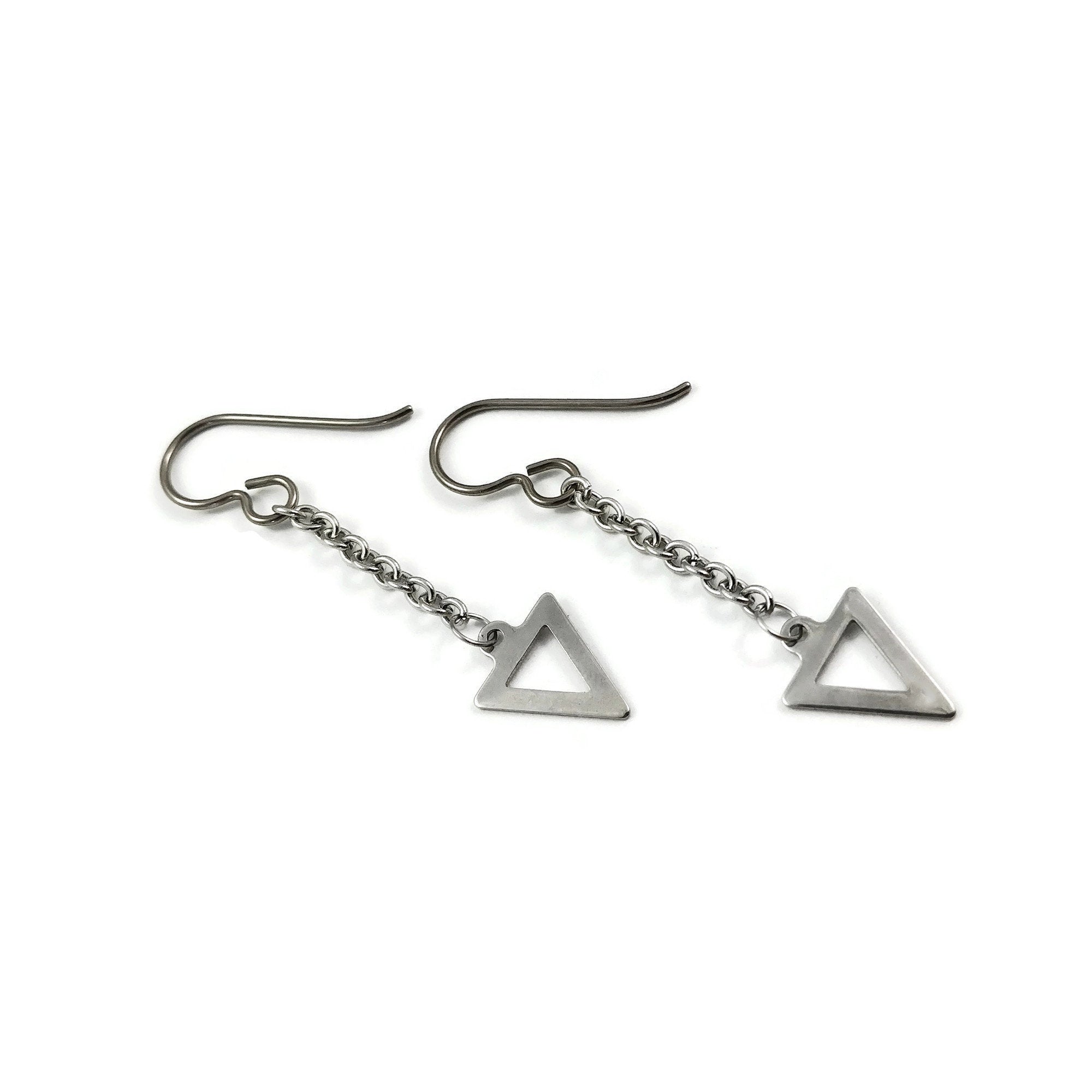 Triangle silver chain dangle earrings - Hypoallergenic pure titanium and stainless steel