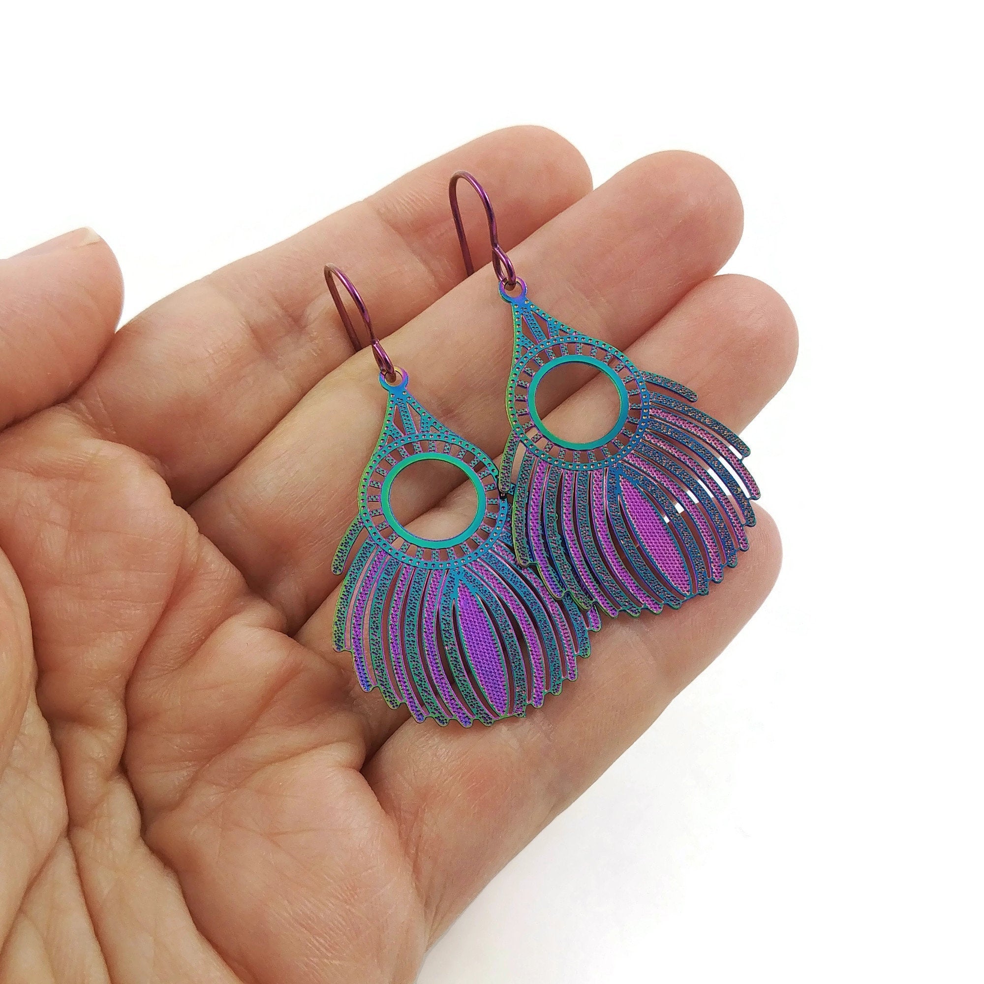 Rainbow filigree boho drop dangle niobium earrings - Hypoallergenic art deco earrings