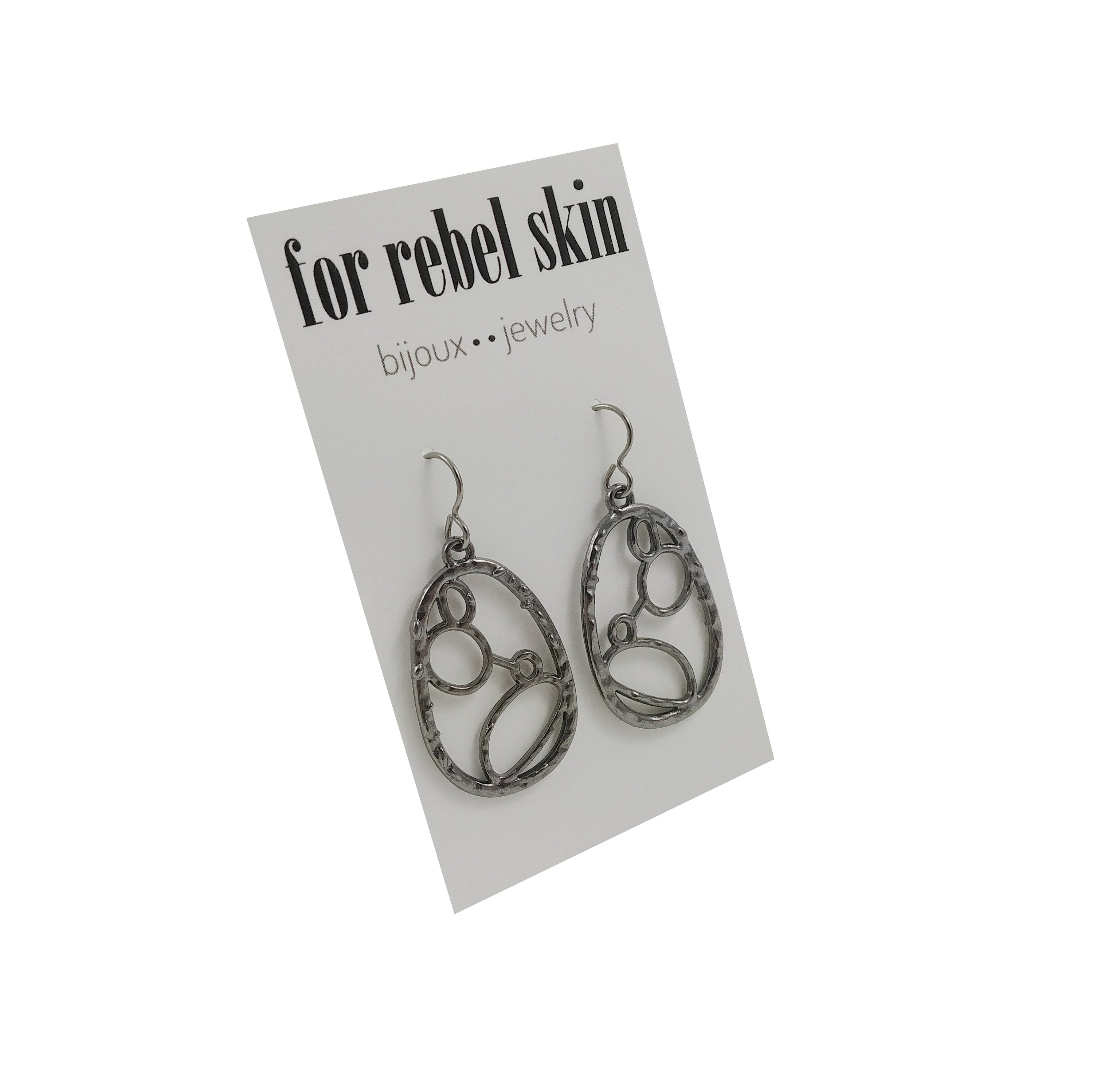 Organic oval gunmetal dangle earrings - Hypoallergenic nickel free, lead free and cadmium free