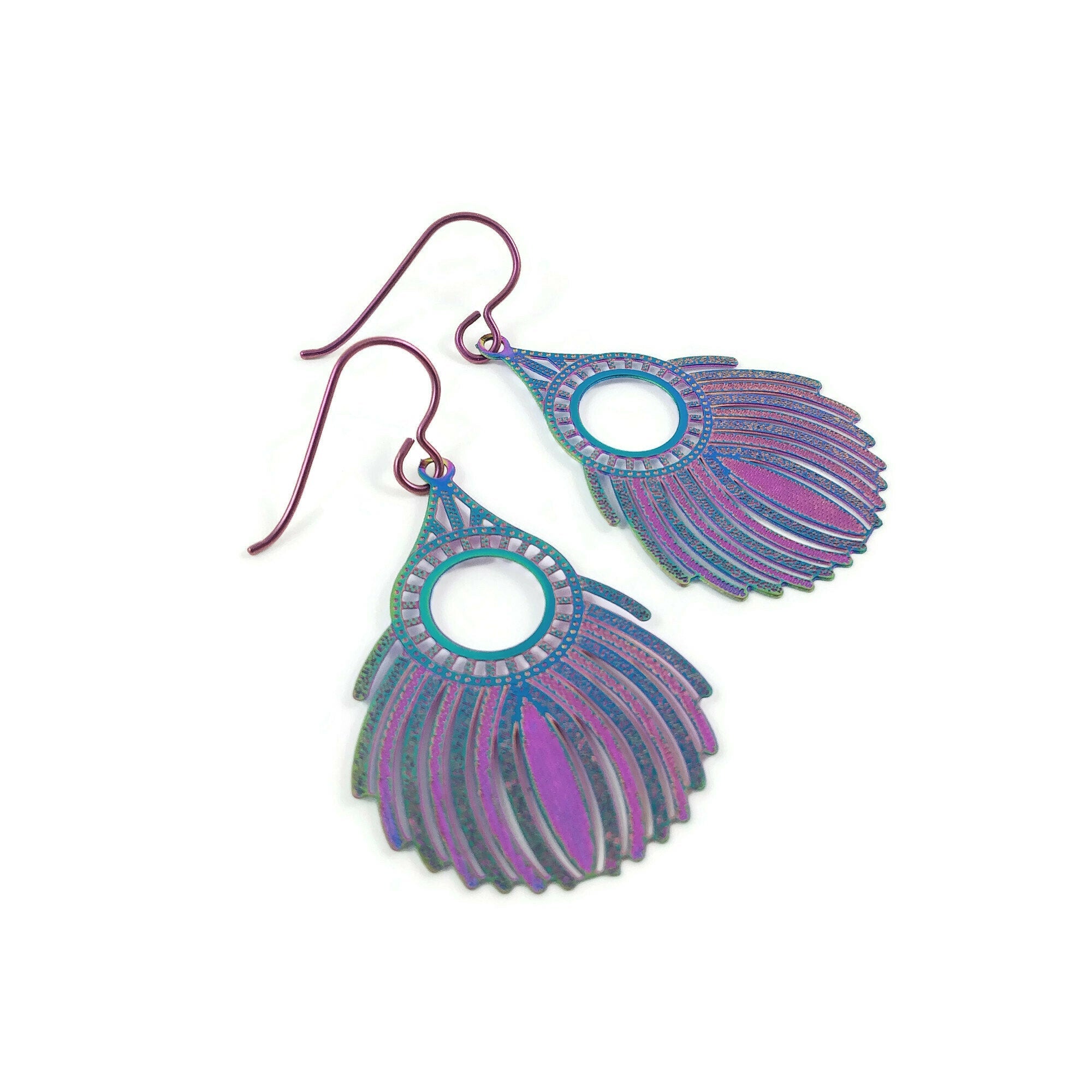 Rainbow filigree boho drop dangle niobium earrings - Hypoallergenic art deco earrings