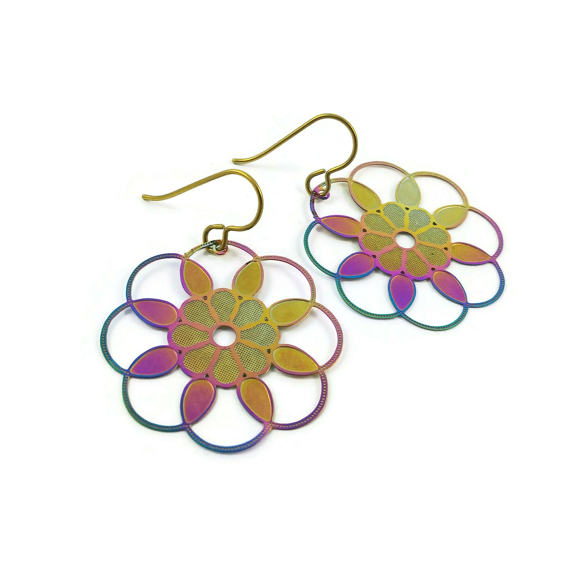 Rainbow filigree rosace drop dangle niobium earrings - Hypoallergenic art deco earrings