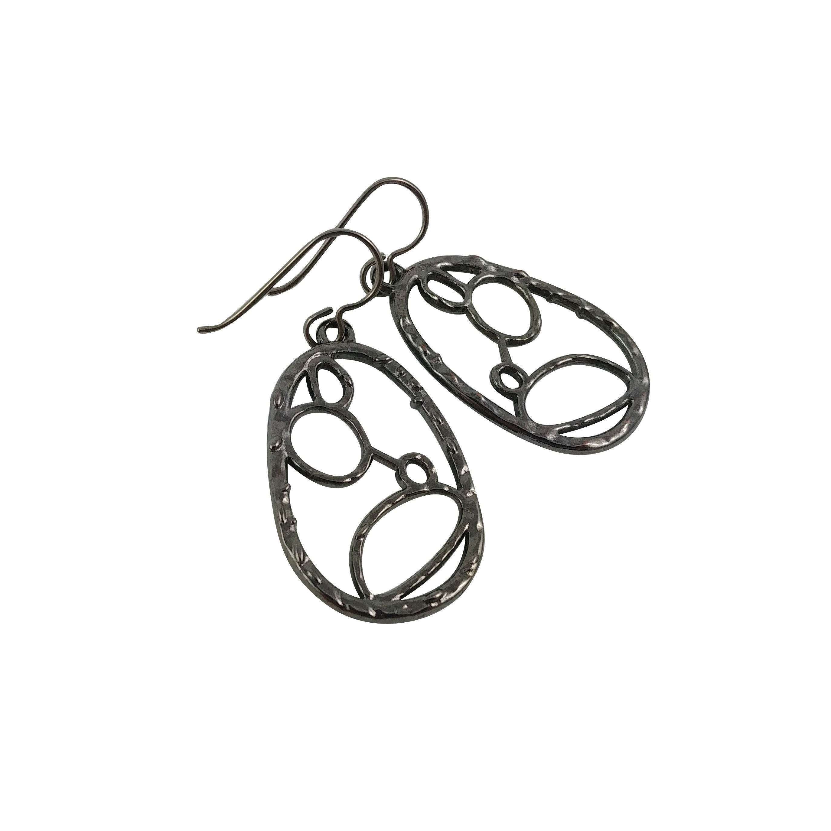 Organic oval gunmetal dangle earrings - Hypoallergenic nickel free, lead free and cadmium free