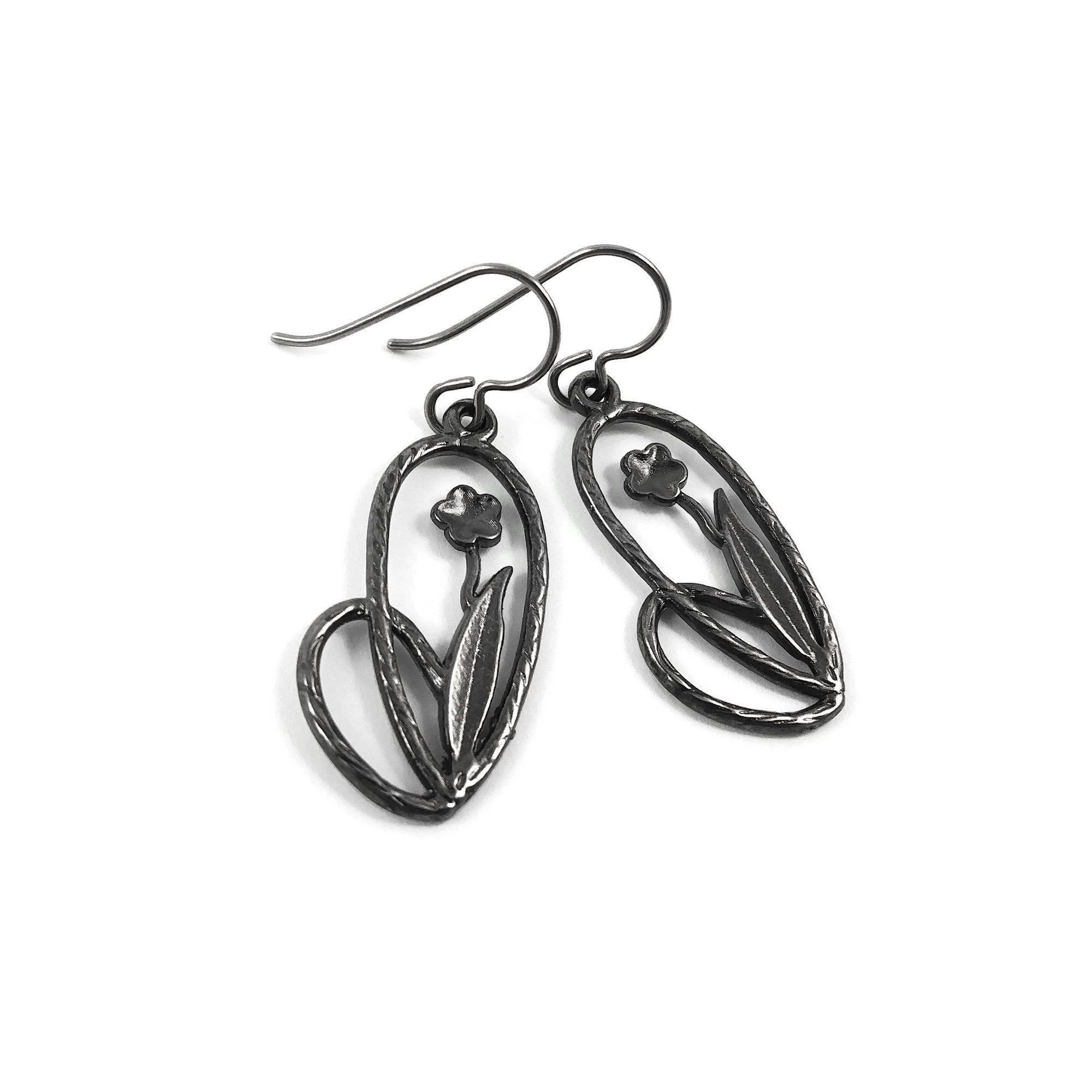 Flower and oval gunmetal dangle earrings - Hypoallergenic nickel free, lead free and cadmium free