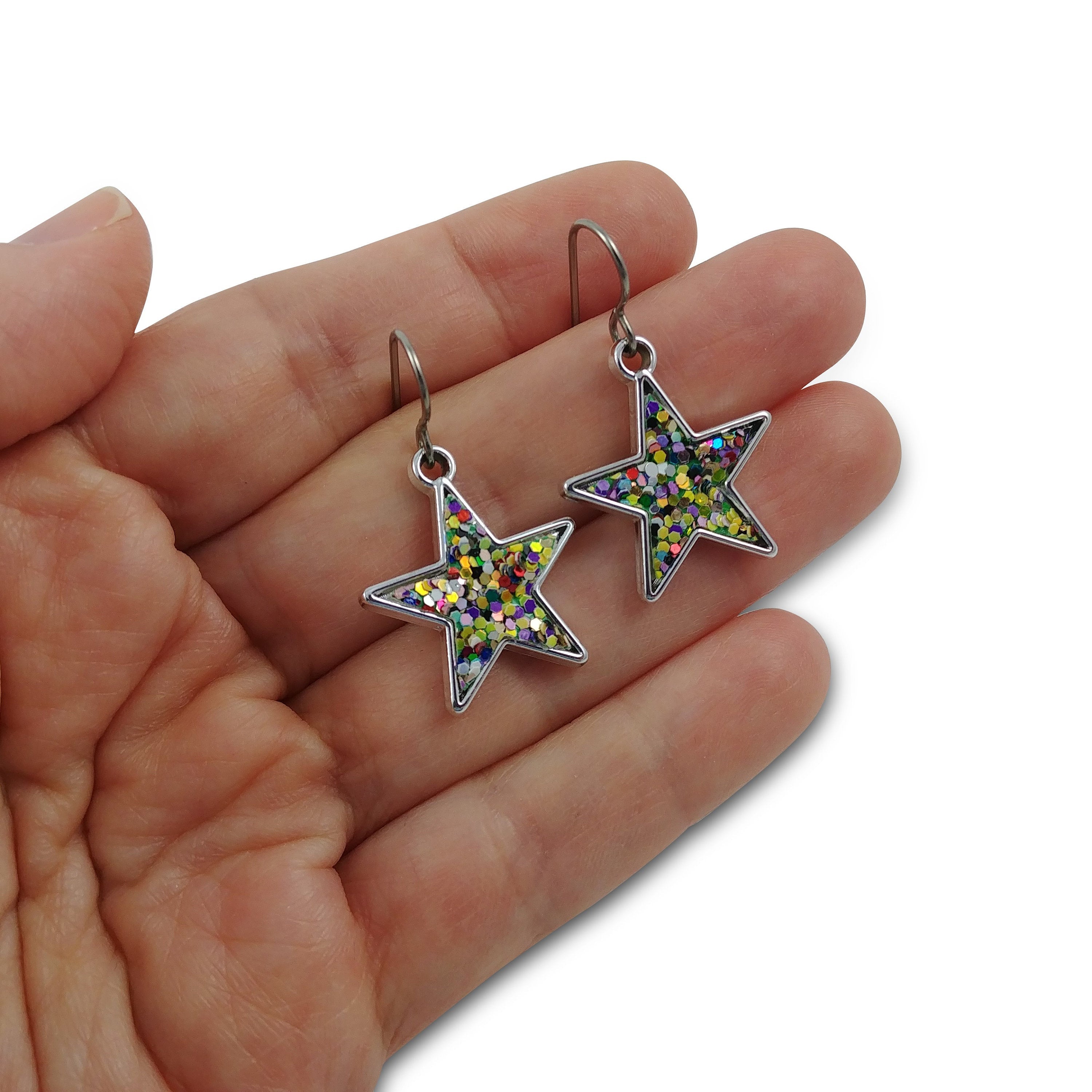 Silver star with glitter, sequins, paillette dangle earrings - Hypoallergenic pure titanium and acrylic