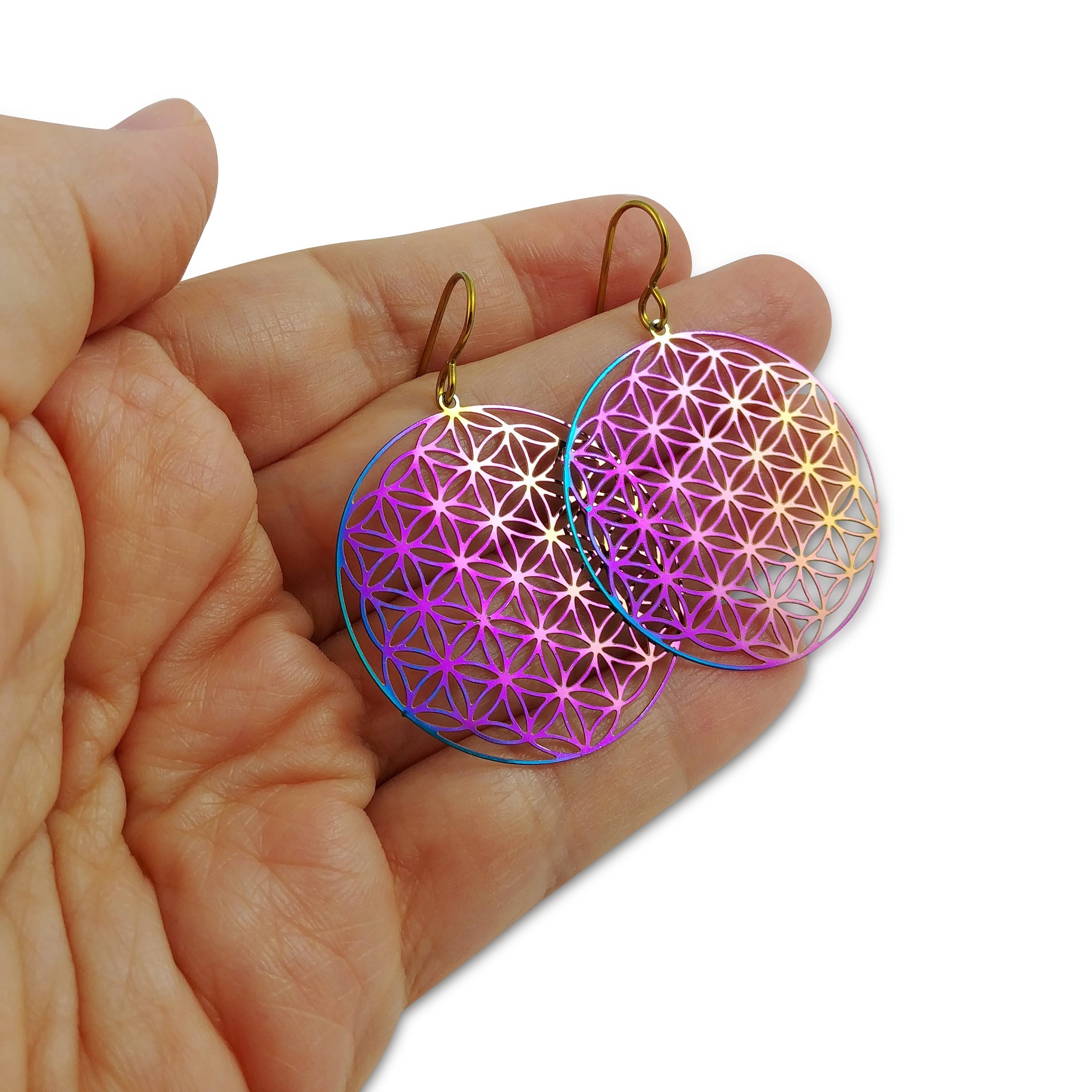 Flower of life earrings, Rainbow filigree dangle earrings, Lightweight statement earrings, Hypoallergenic niobium jewelry