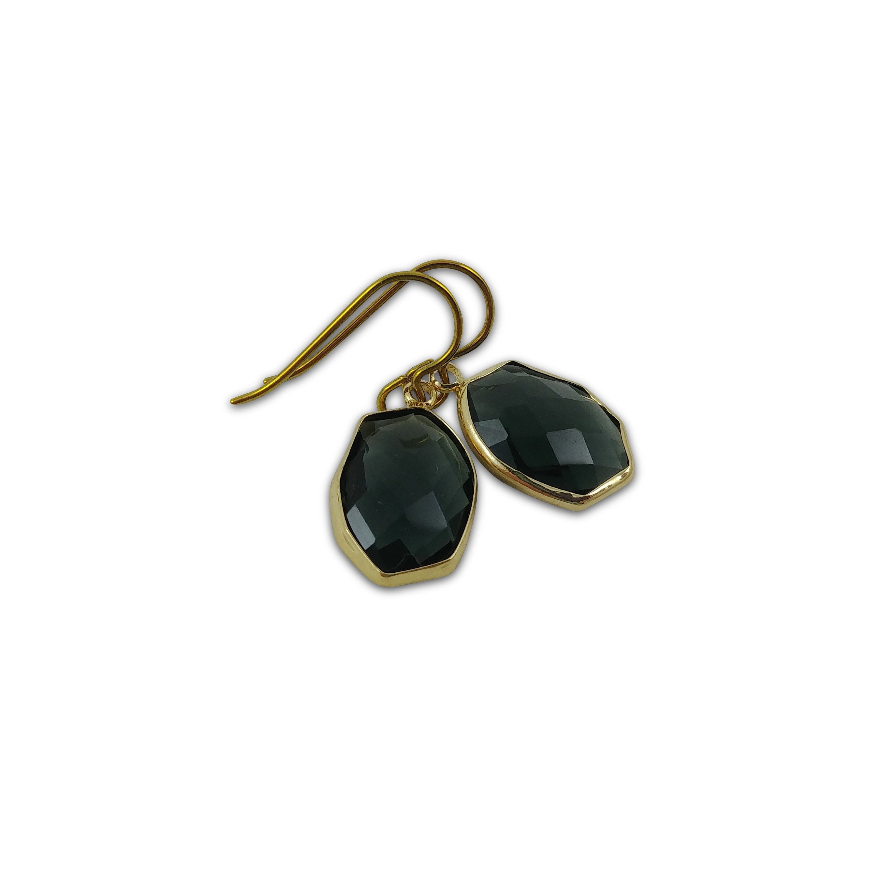 Black crystal dangle earrings, Gold wrapped crystal earrings, Faceted oval drop earrings, Nickel free jewelry