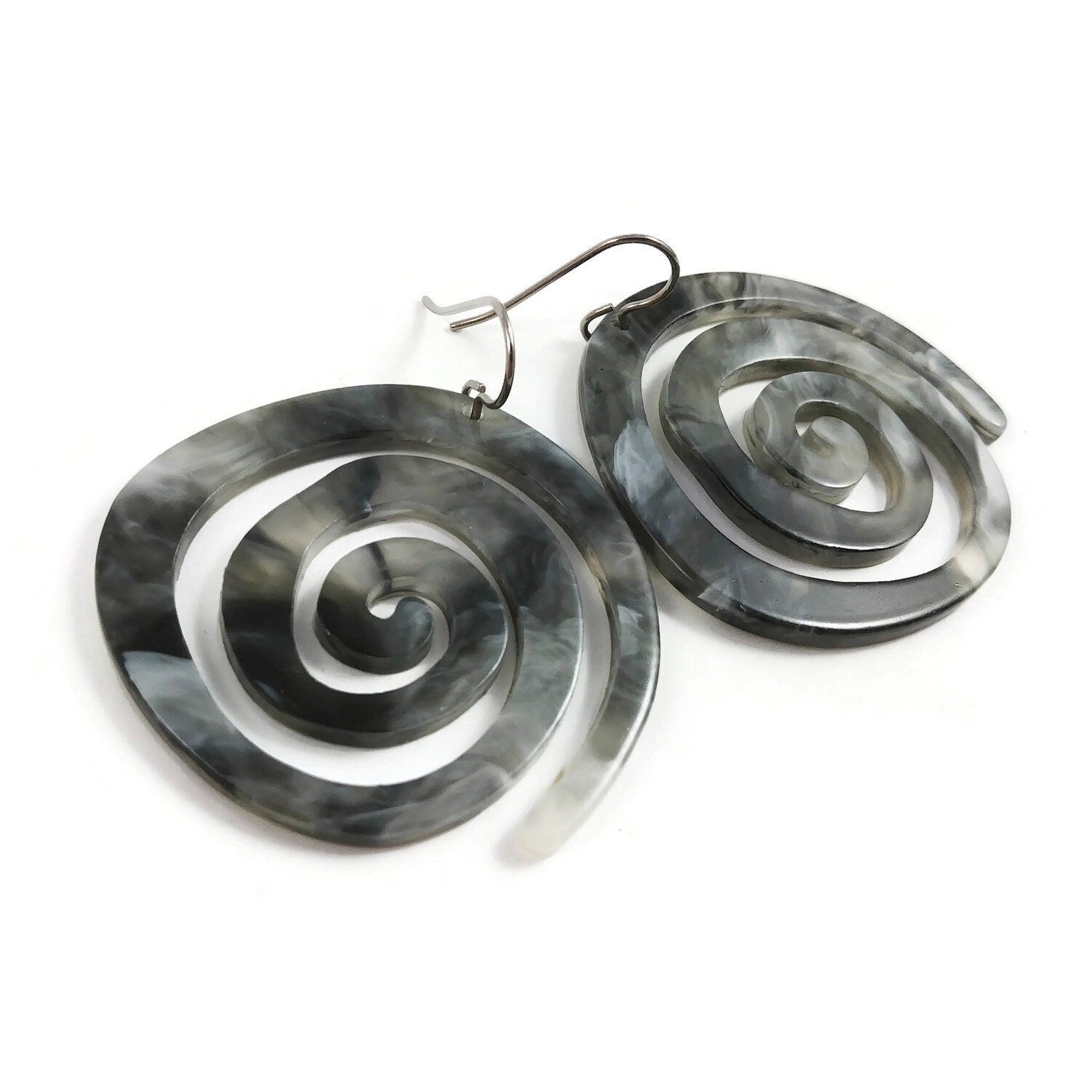 Gray resin dangle earrings, Statement tribal earrings, Hypoallergenic pure titanium jewelry, Large unique earrings