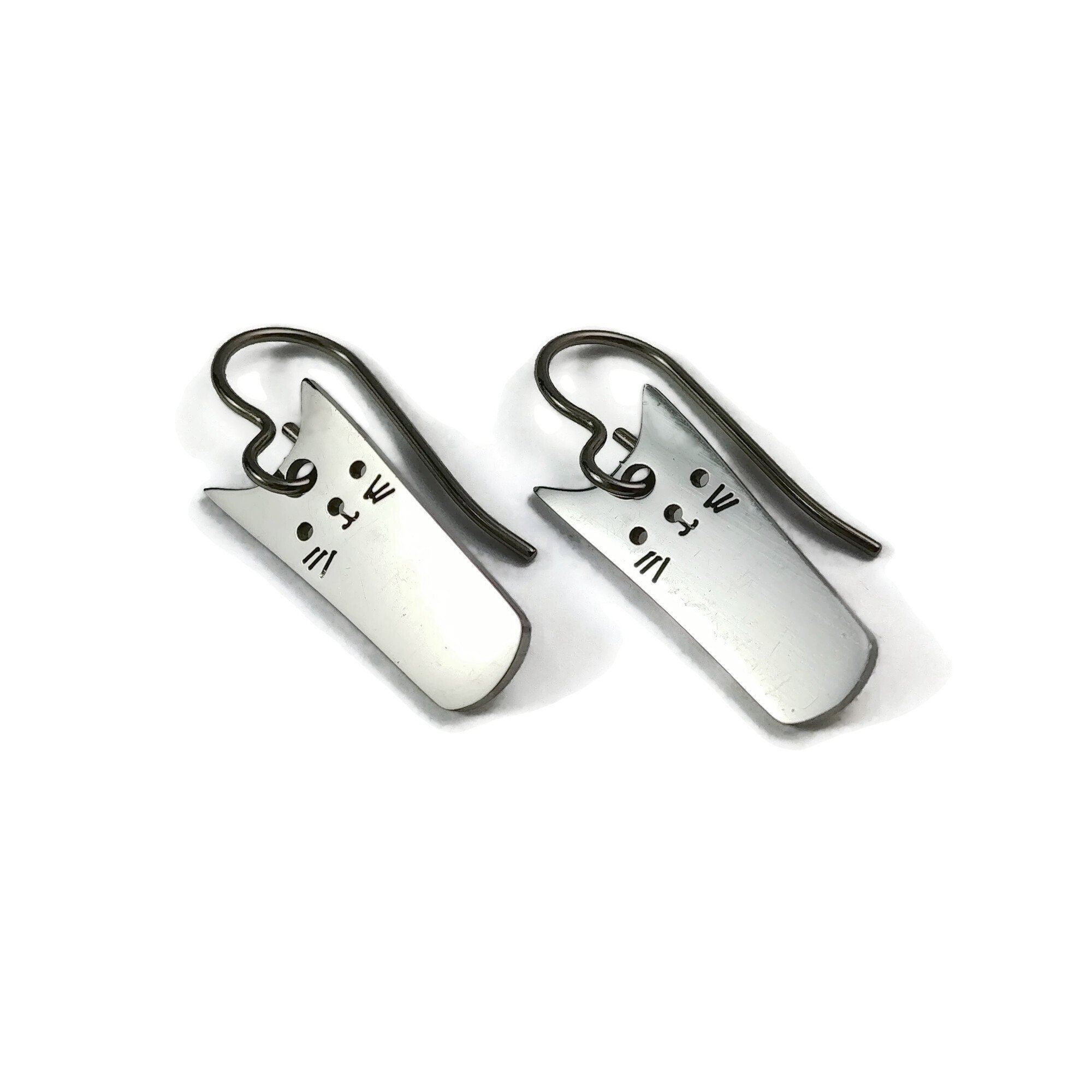 Cute cat earrings, Pure titanium dangle earrings, Hypoallergenic silver earrings, Fun gift for her