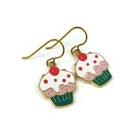 Cute cupcake dangle earrings, Hypoallergenic gold niobium jewelry, Food lover enamel earrings