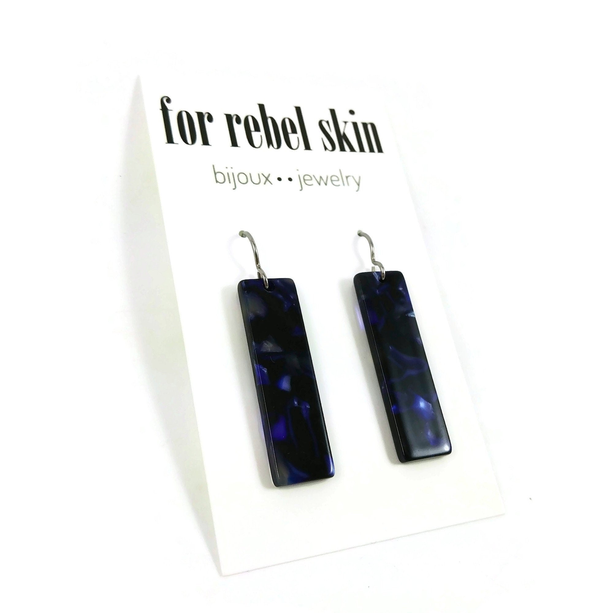 Blue, purple and black dangle earrings, Hypoallergenic pure titanium jewelry, Modern acetate rectangle earrings