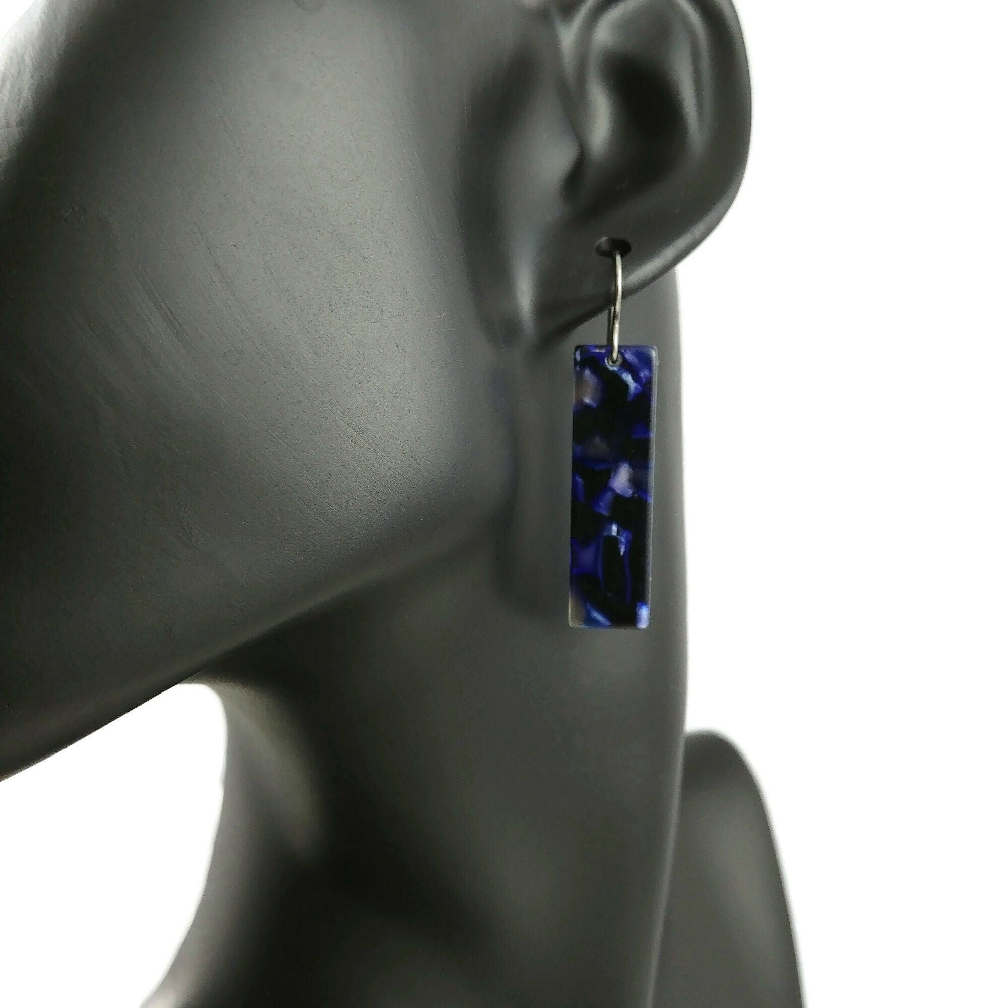 Blue, purple and black dangle earrings, Hypoallergenic pure titanium jewelry, Modern acetate rectangle earrings