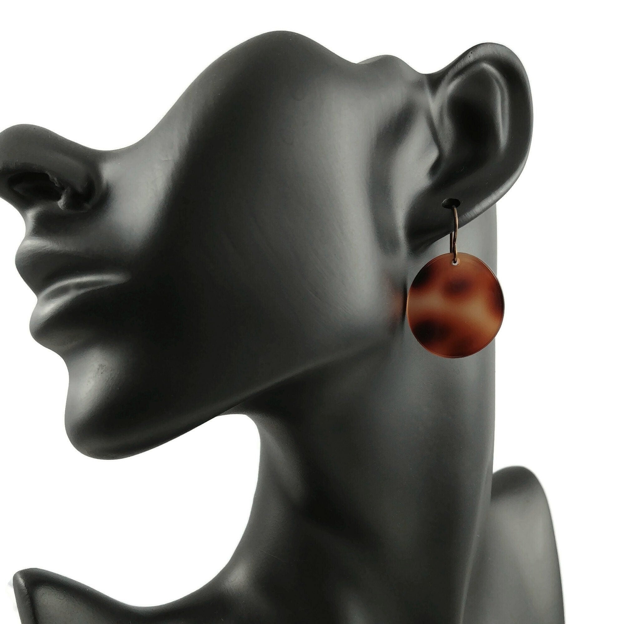 Brown and black dangle earrings, Hypoallergenic bronze niobium jewelry, Tortoise acetate round drop earrings