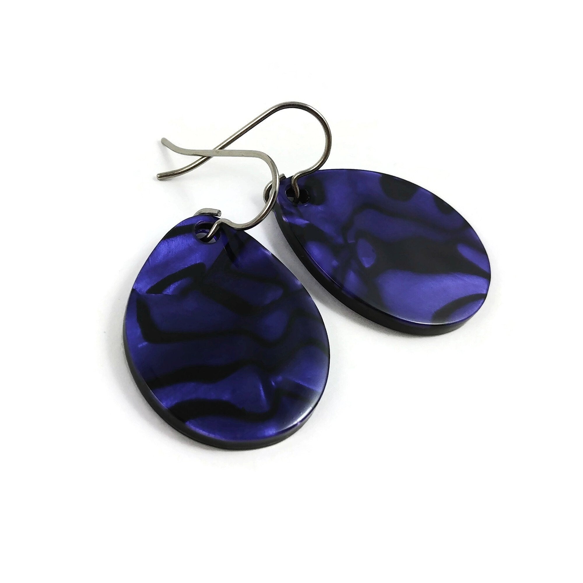 Deep purple and black dangle earrings, Hypoallergenic pure titanium jewelry, Modern acetate drop earrings