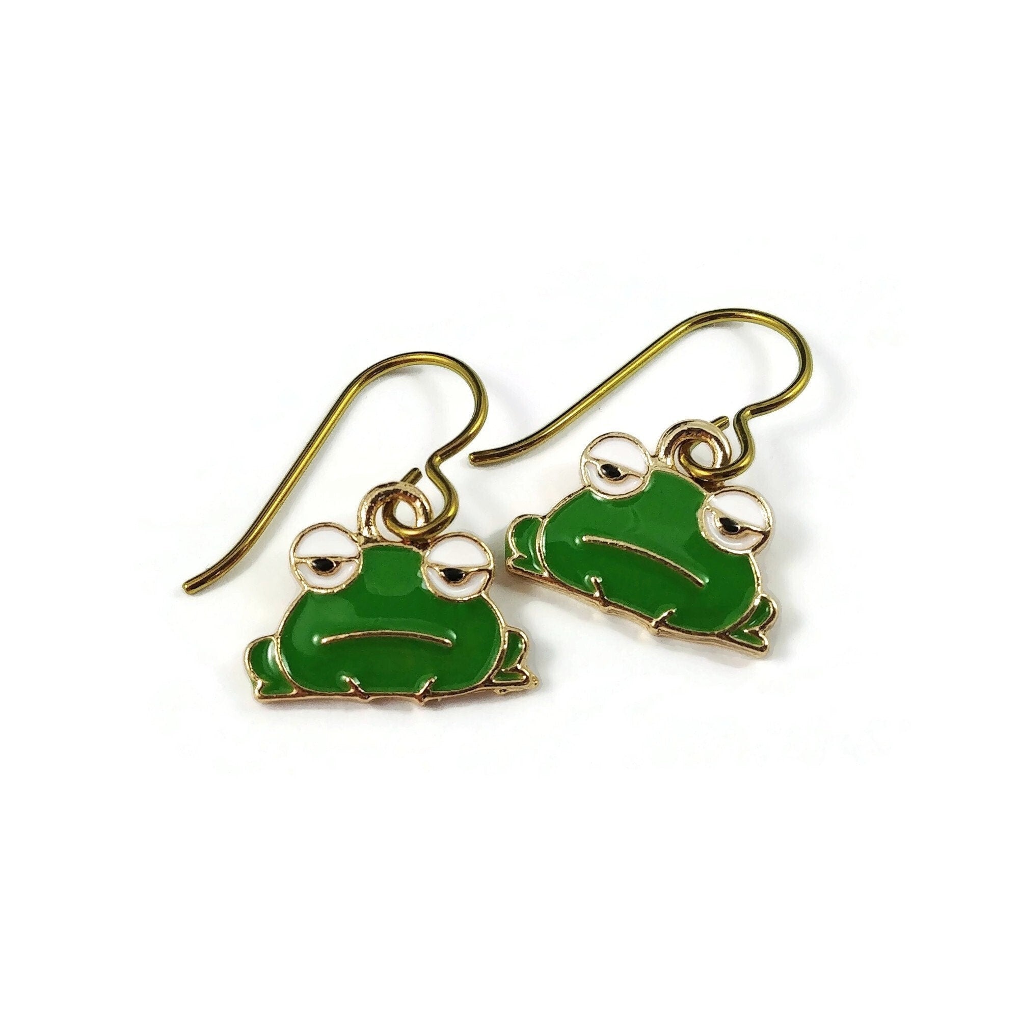 Cute frog dangle earrings, Hypoallergenic gold niobium jewelry, Frog lover enamel earrings