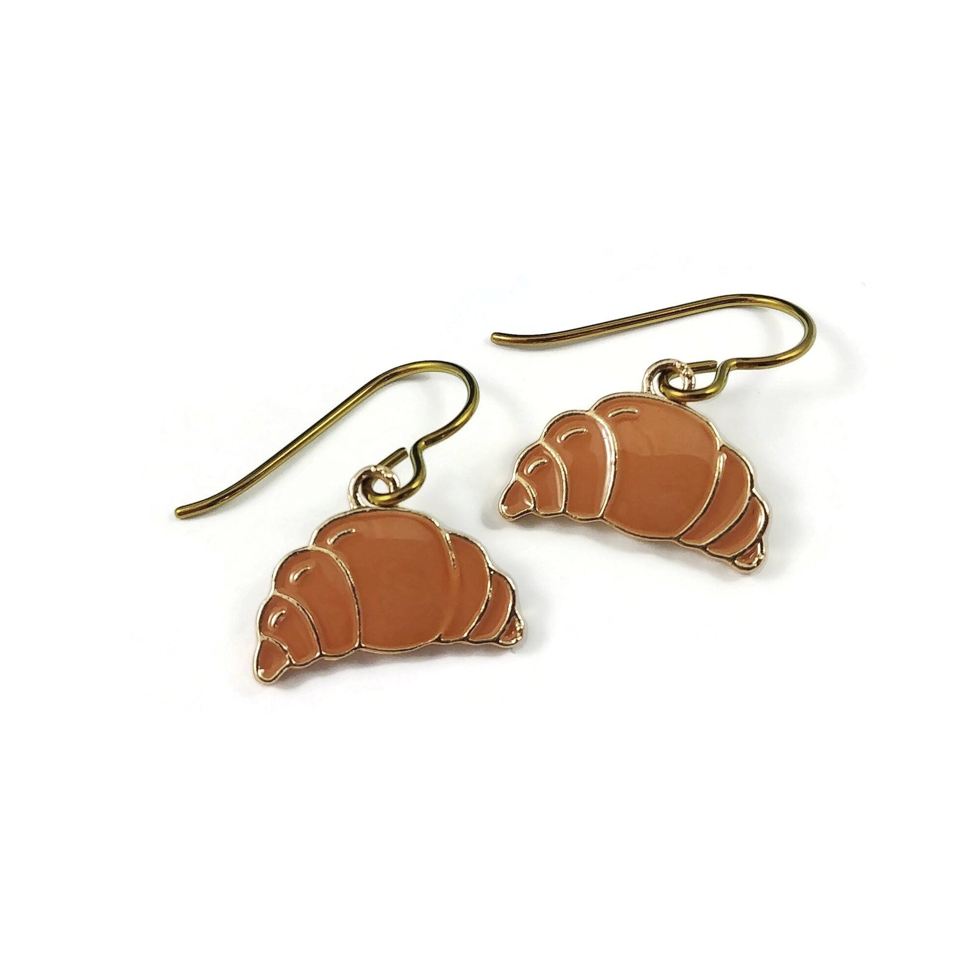 Cute croissant dangle earrings, Hypoallergenic gold niobium jewelry, Food lover enamel earrings