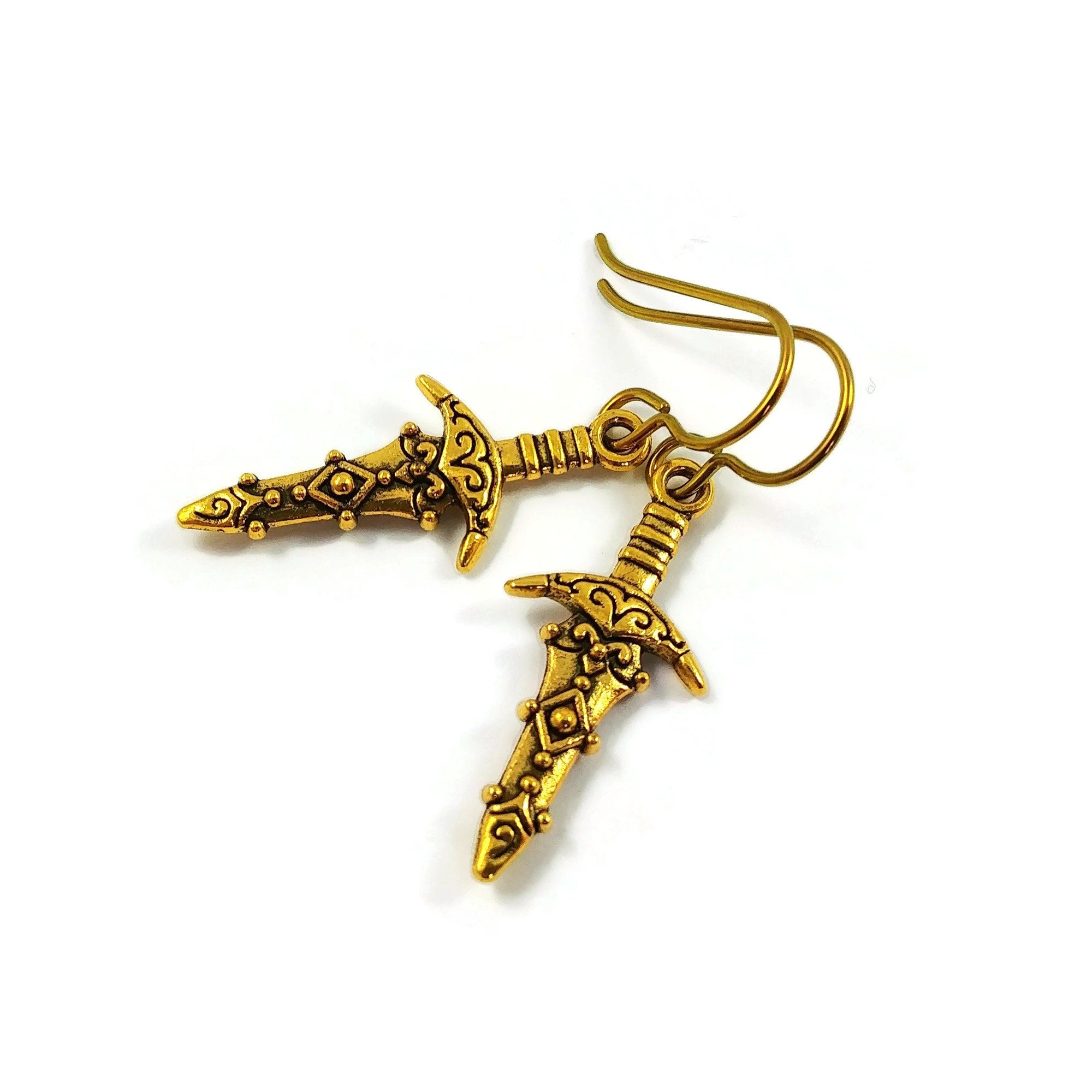 Dagger sword silver titanium earrings - Hypoallergenic gold and bronze niobium earrings - Medieval jewelry