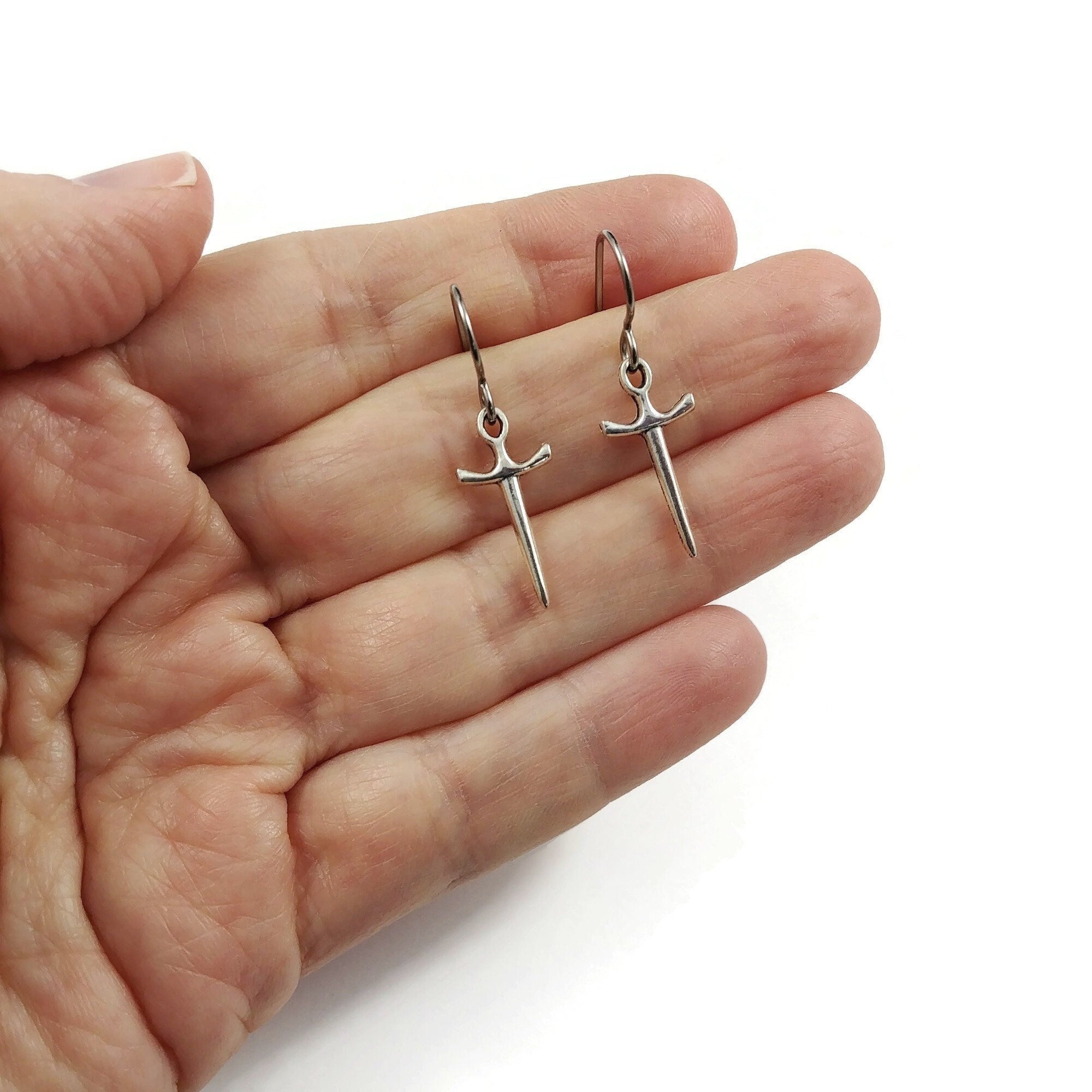 Minimalist sword titanium earrings - Hypoallergenic dagger drop earrings - Dainty unisex jewelry for sensitive