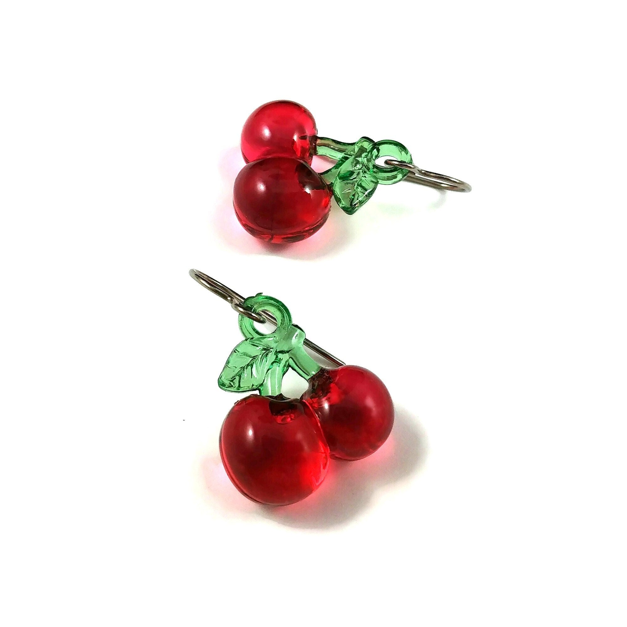 Red cherry earrings, Pure titanium drop earrings, Fun fruit jewelry gift