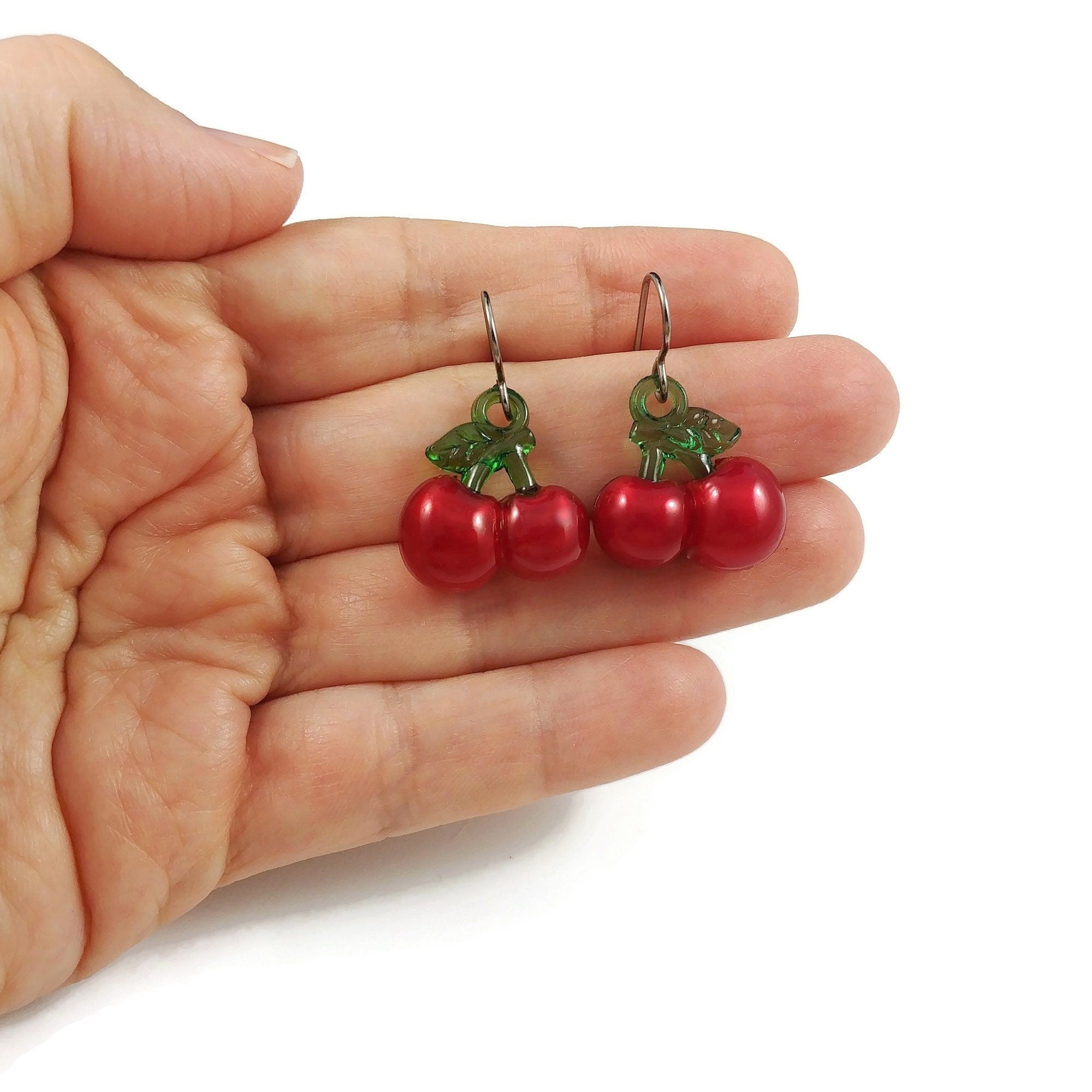 Red cherry earrings, Pure titanium drop earrings, Fun fruit jewelry gift