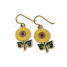 Cute sunflower dangle earrings, Hypoallergenic gold niobium jewelry, Garden lover enamel earrings