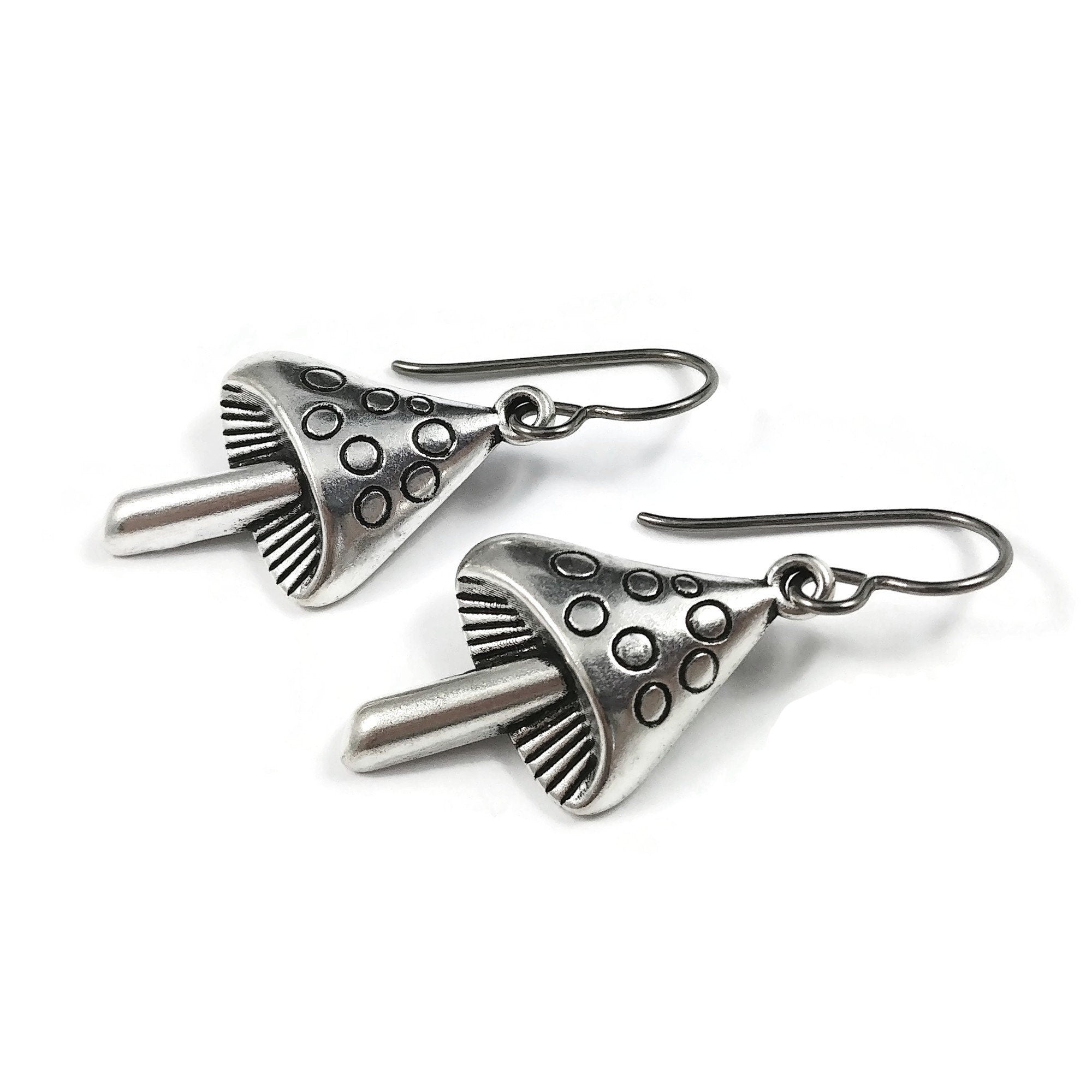 Silver mushroom earrings, Cottagecore dangle earrings, Fun fairy earrings, Hypoallergenic titanium jewelry