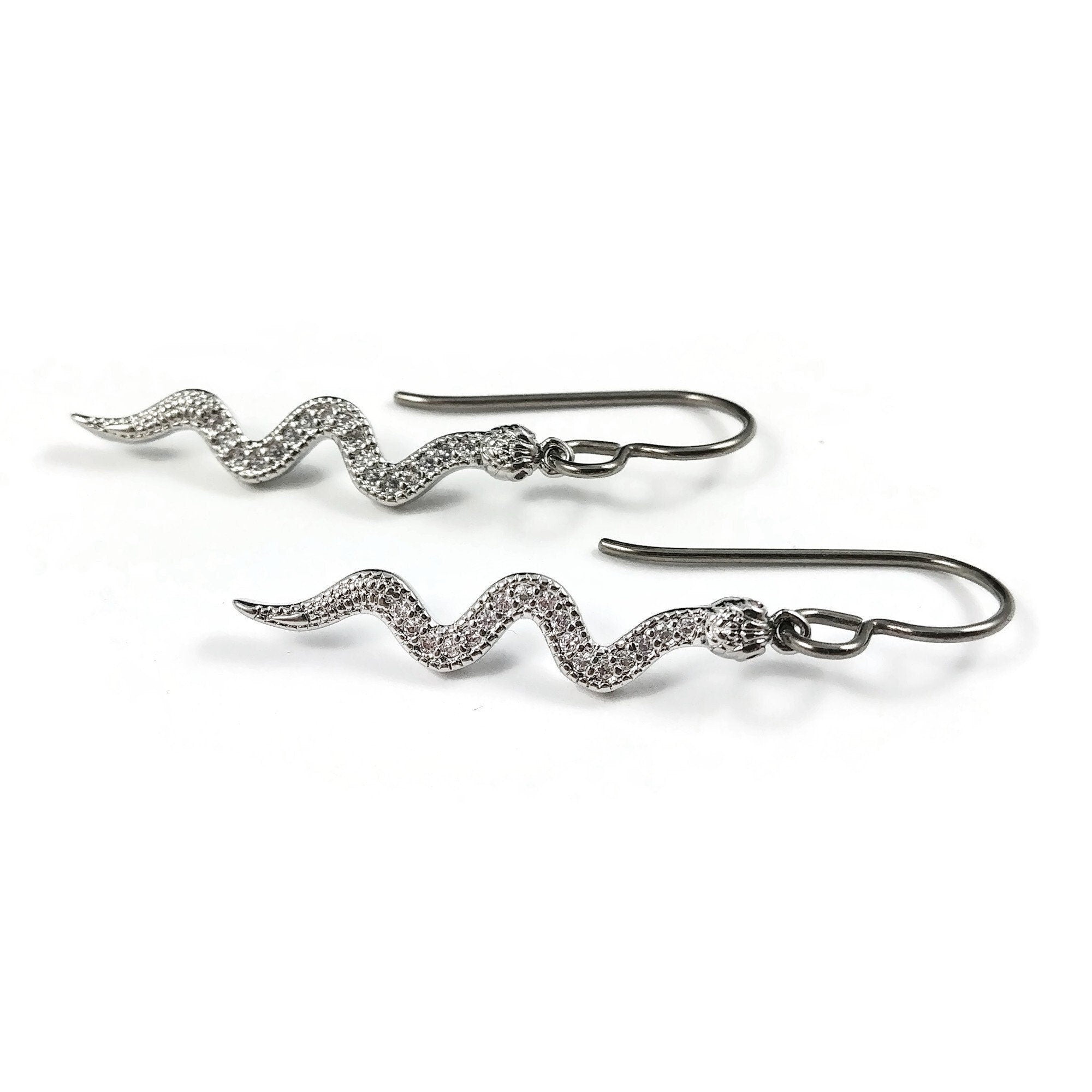 Dangle snake earrings, Silver snake earrings, Implant grade titanium for sensitive ears