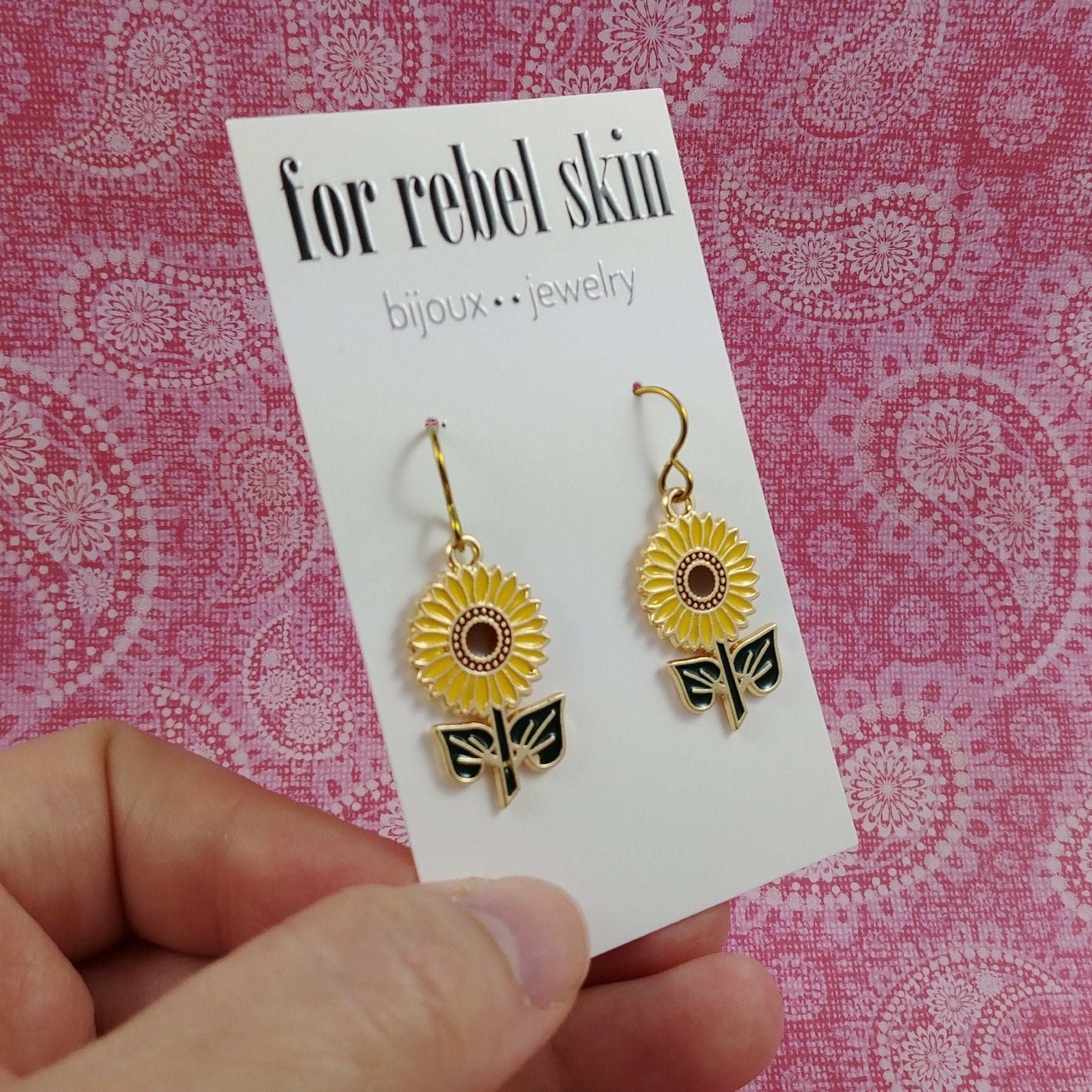 Cute sunflower dangle earrings, Hypoallergenic gold niobium jewelry, Garden lover enamel earrings