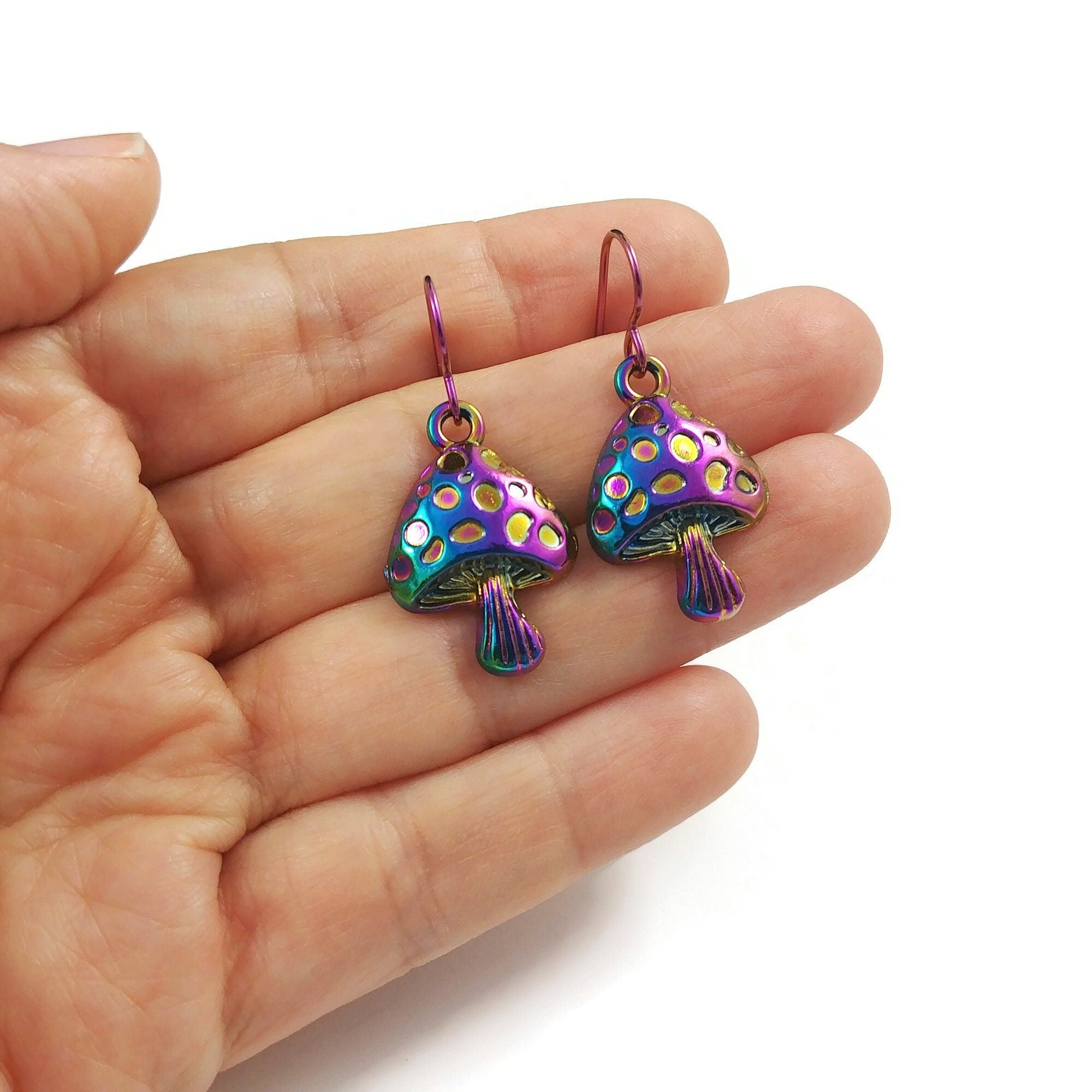 Rainbow mushroom earrings, Cottagecore dangle earrings, Botanical colorful earrings, Hypoallergenic niobium jewelry