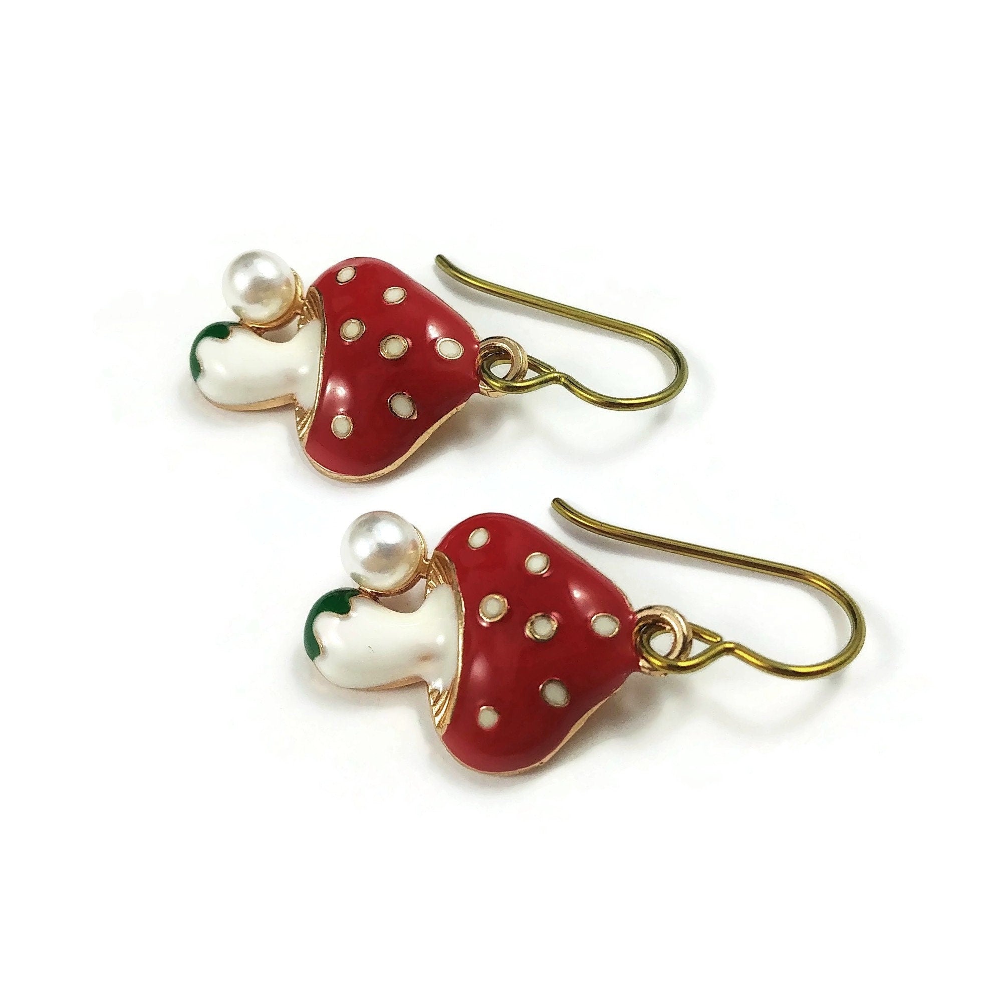 Pearl and red mushroom earrings, Pure niobium gold earrings, Nature cottagecore jewelry gift for her