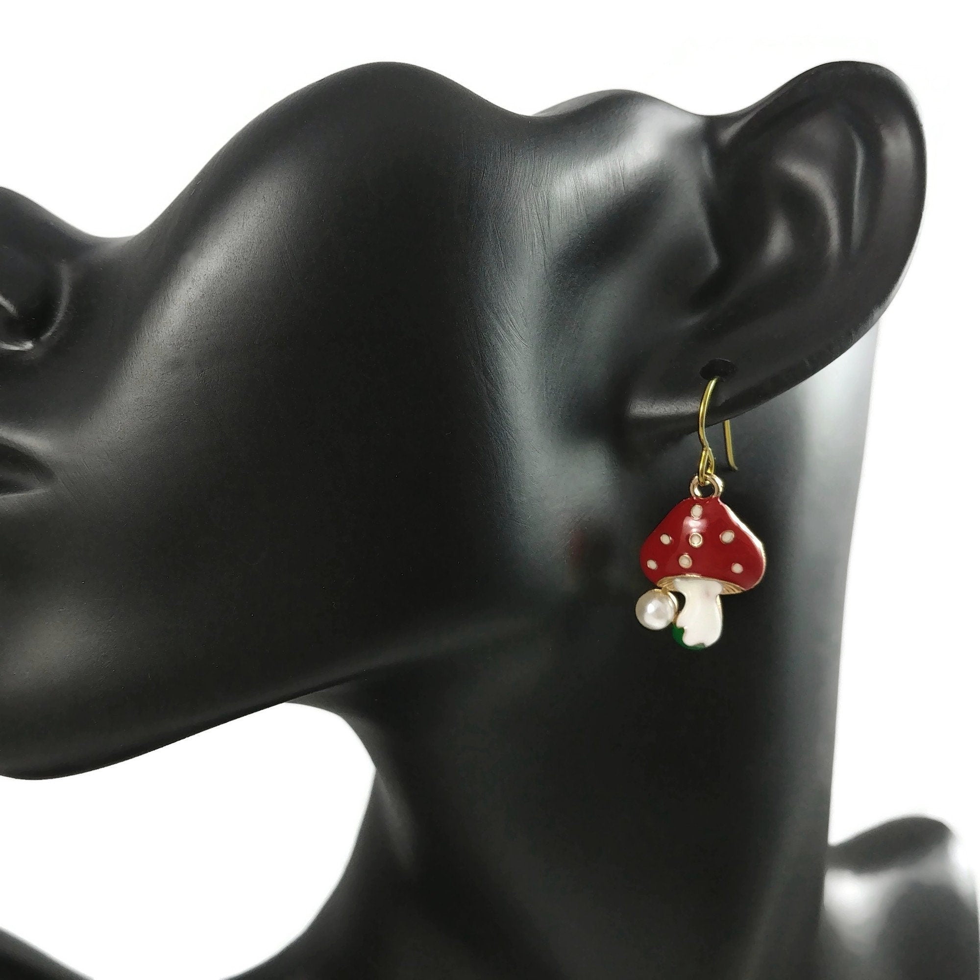 Pearl and red mushroom earrings, Pure niobium gold earrings, Nature cottagecore jewelry gift for her