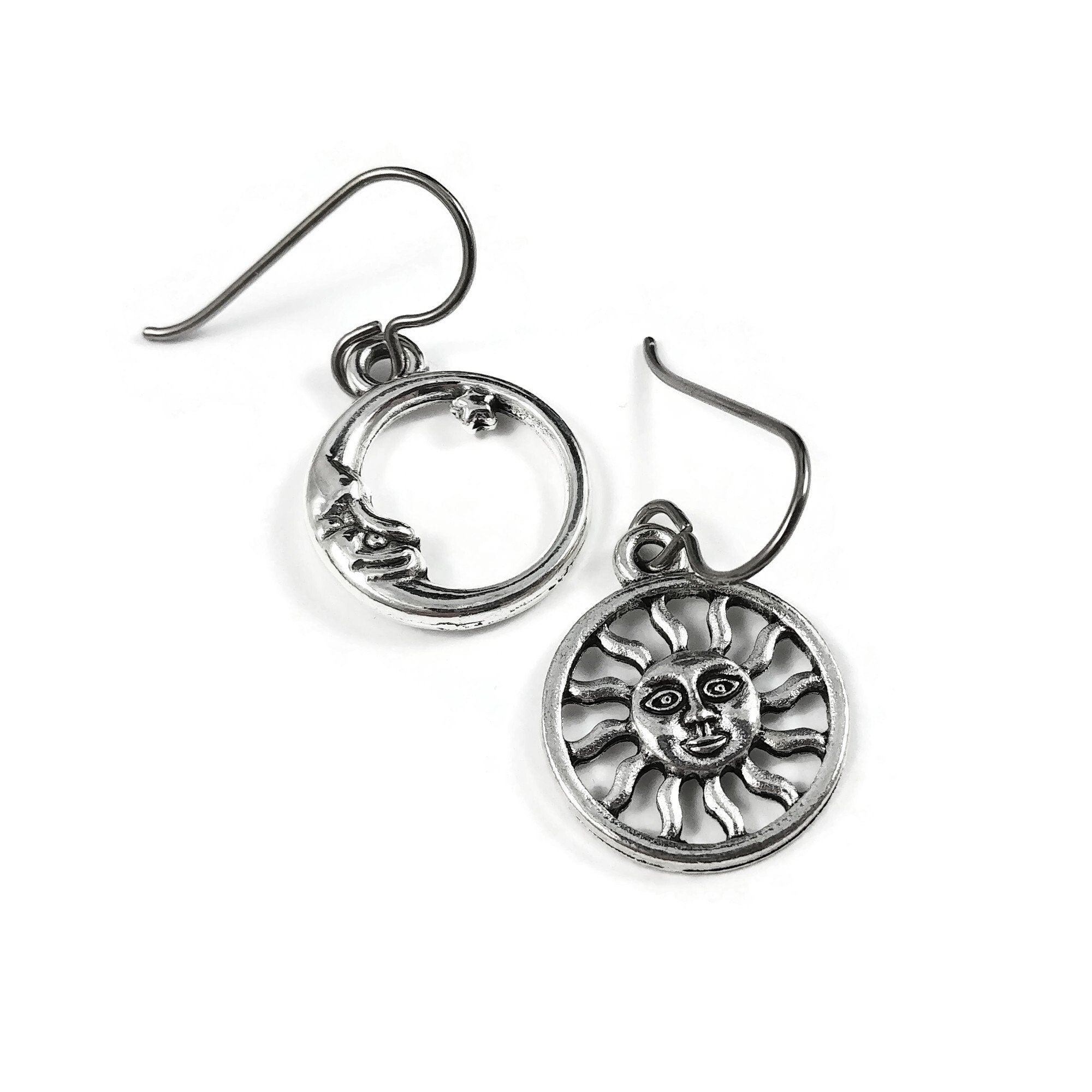 Moon and sun mismatched earrings, Unique silver celestial jewelry, Pure implant grade titanium dangle earrings