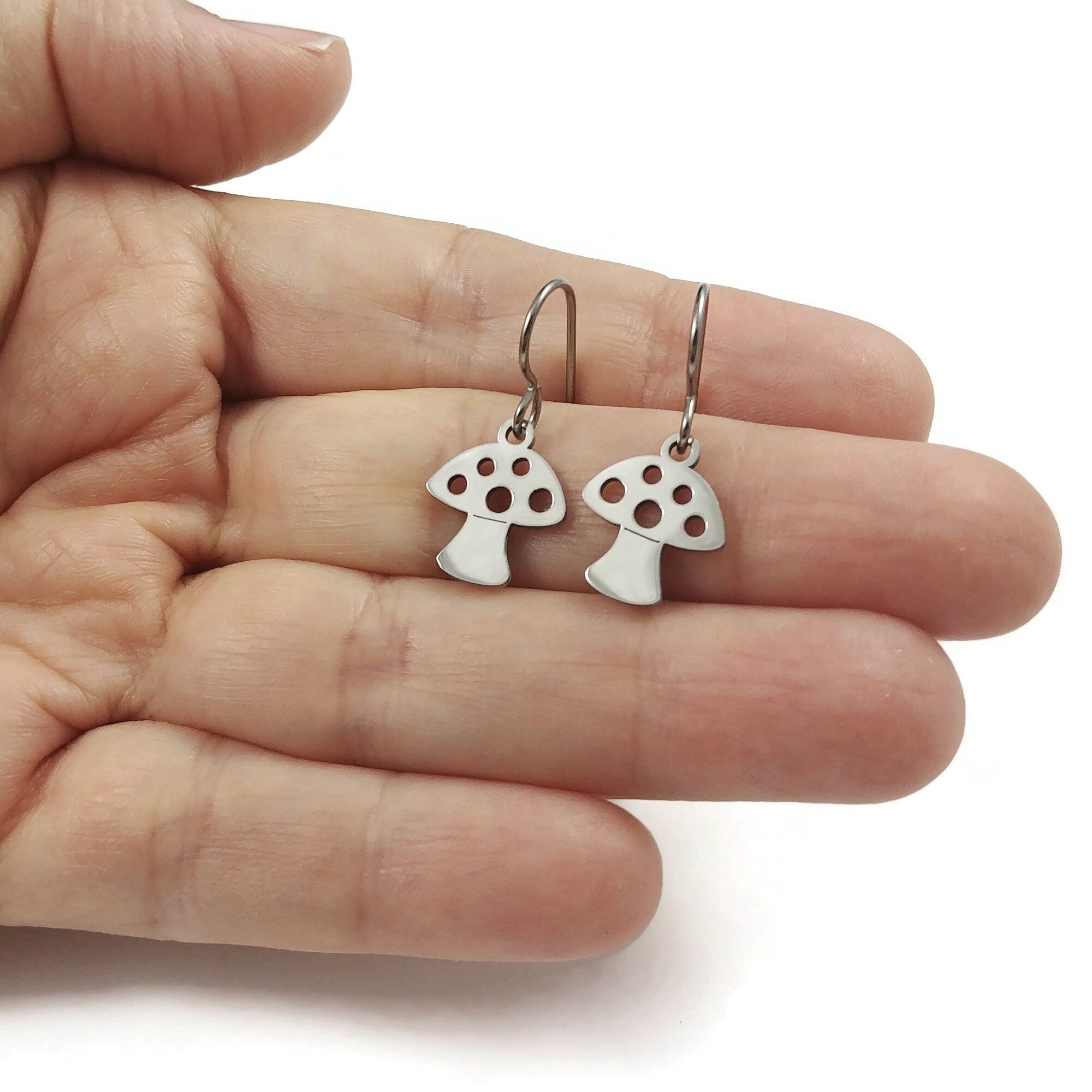 Dainty mushroom earrings, Cottagecore silver drop earrings, Hypoallergenic titanium jewelry