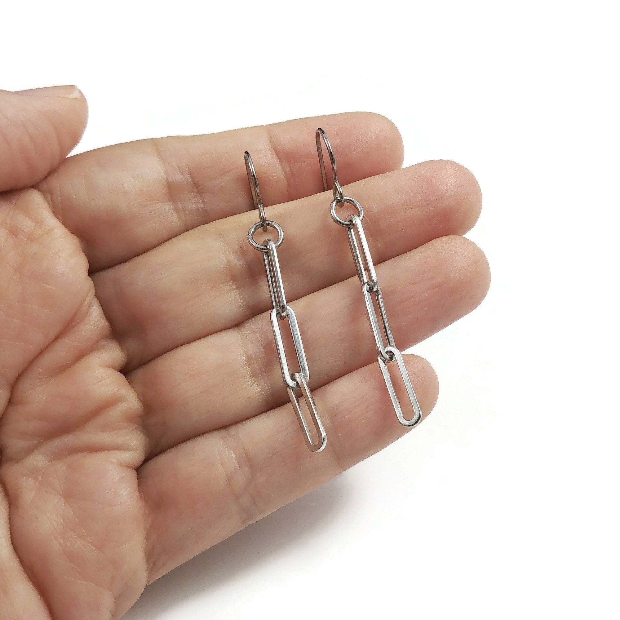 Silver paperclip chain earrings - Pure titanium and stainless steel jewelry - Minimalist cable link earrings