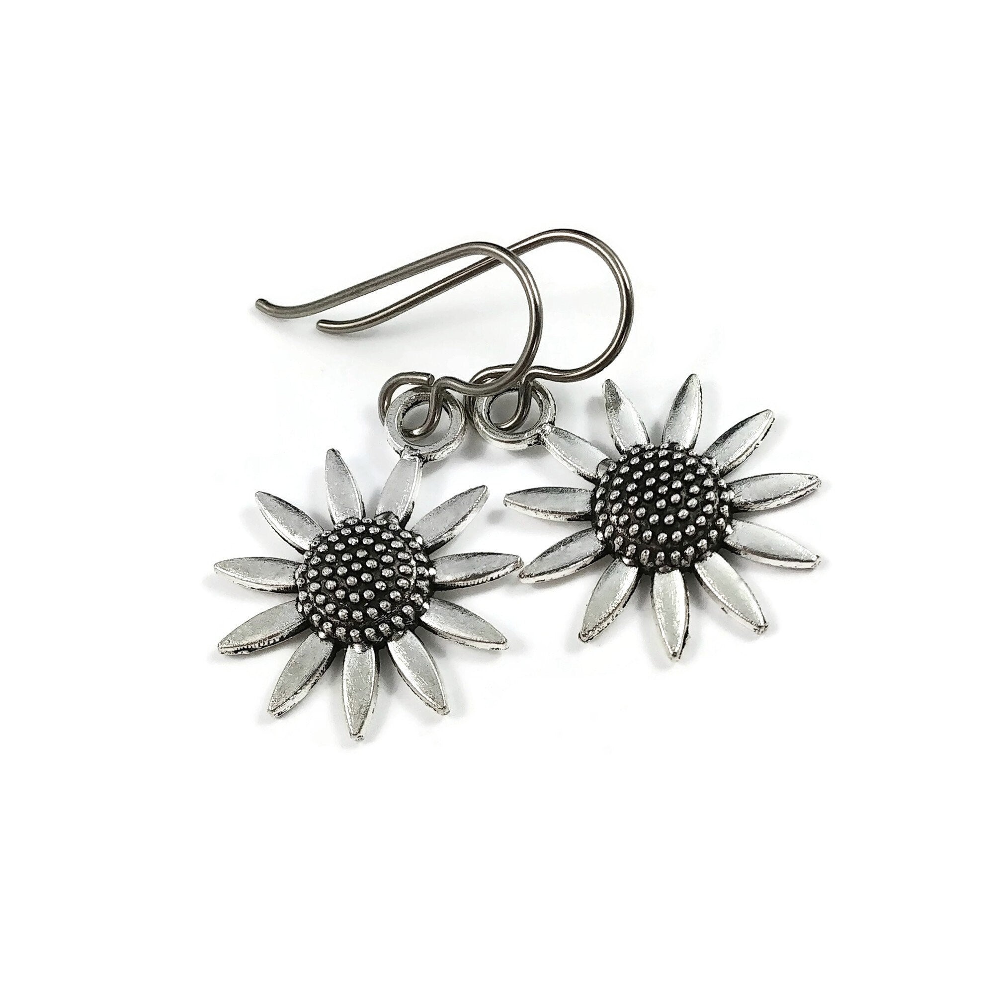 Small sunflower drop earrings, Implant grade pure titanium jewelry, Cute lightweight everyday earrings