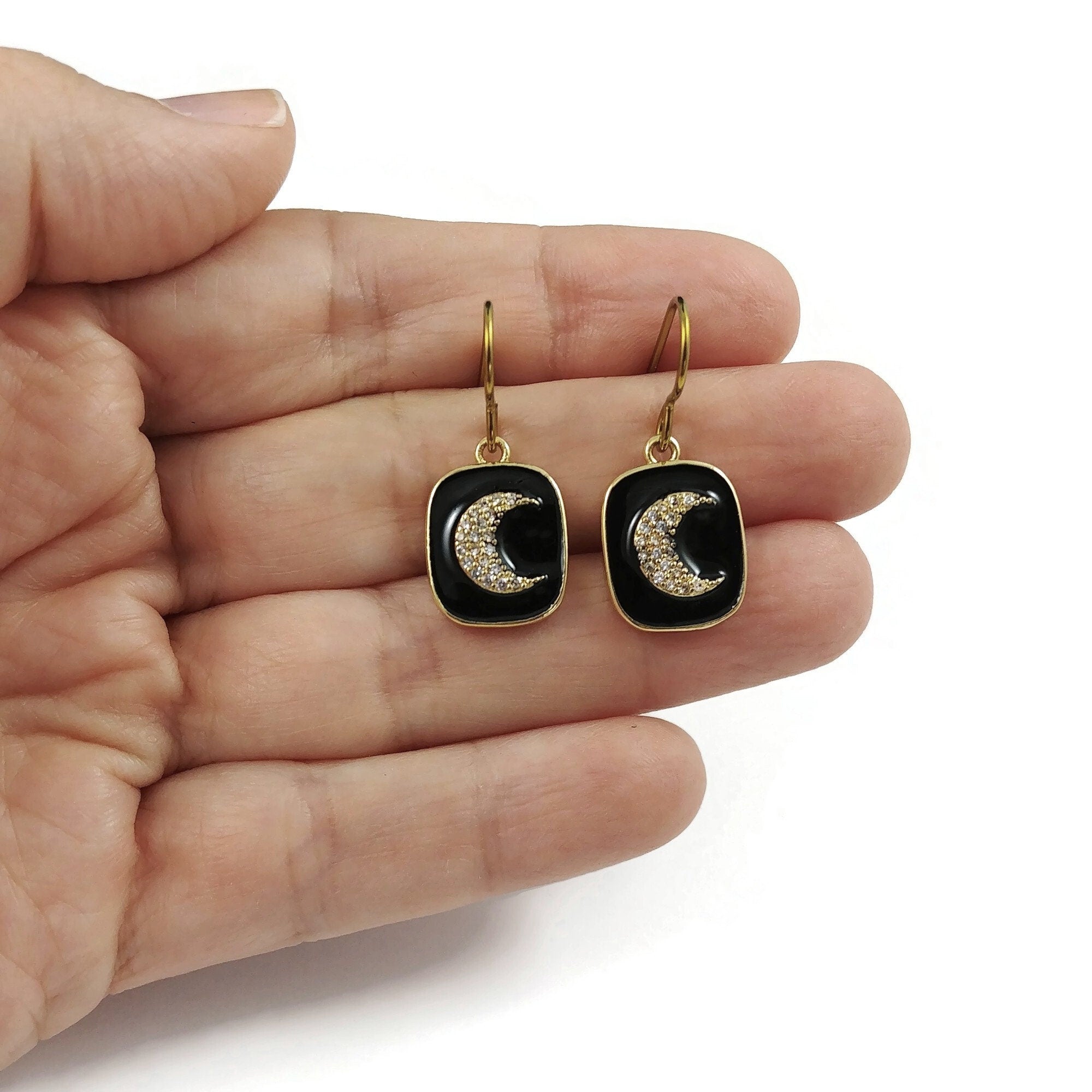 Enamel celestial moon earrings, Implant grade pure niobium jewelry, Gold and white drop earrings