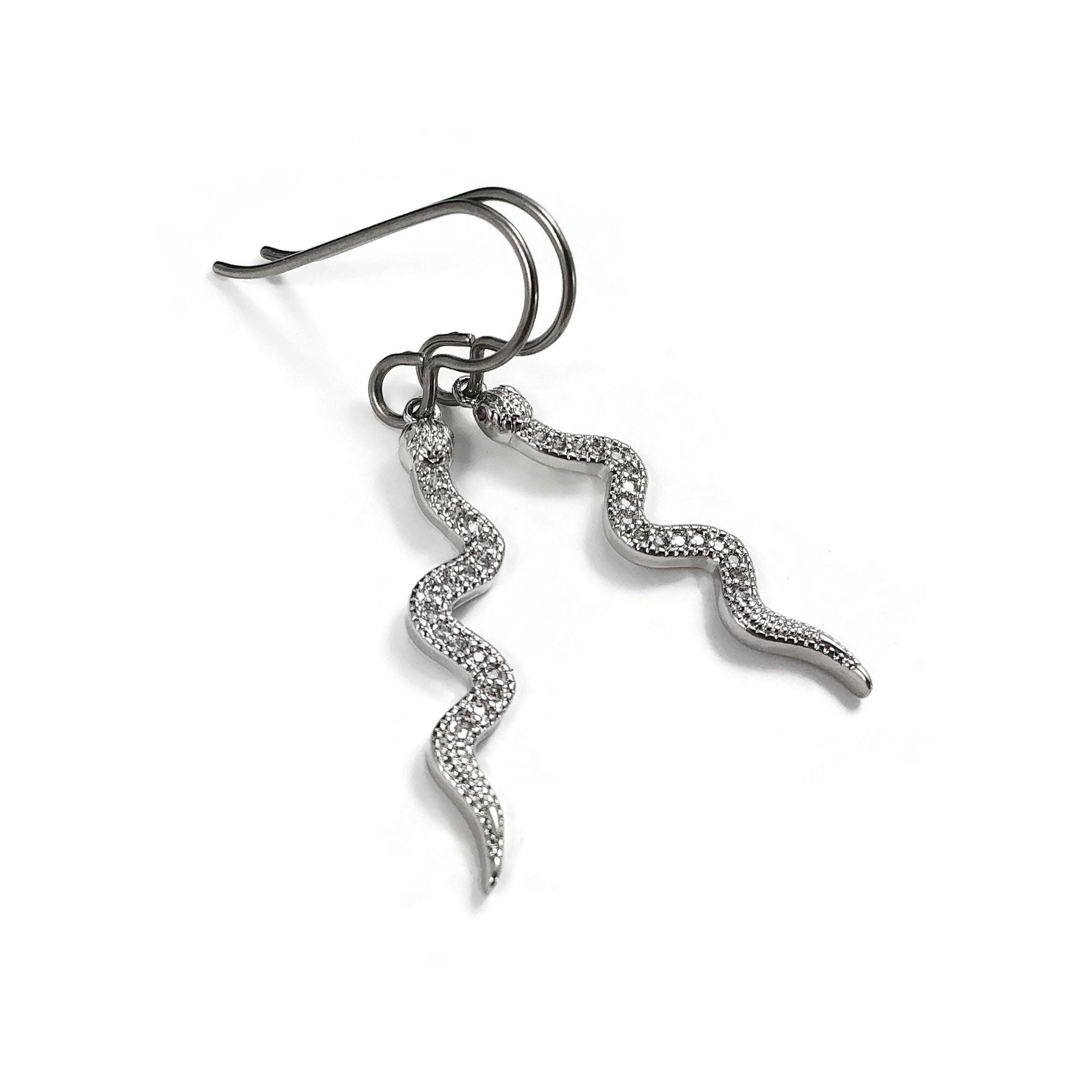 Dangle snake earrings, Silver snake earrings, Implant grade titanium for sensitive ears