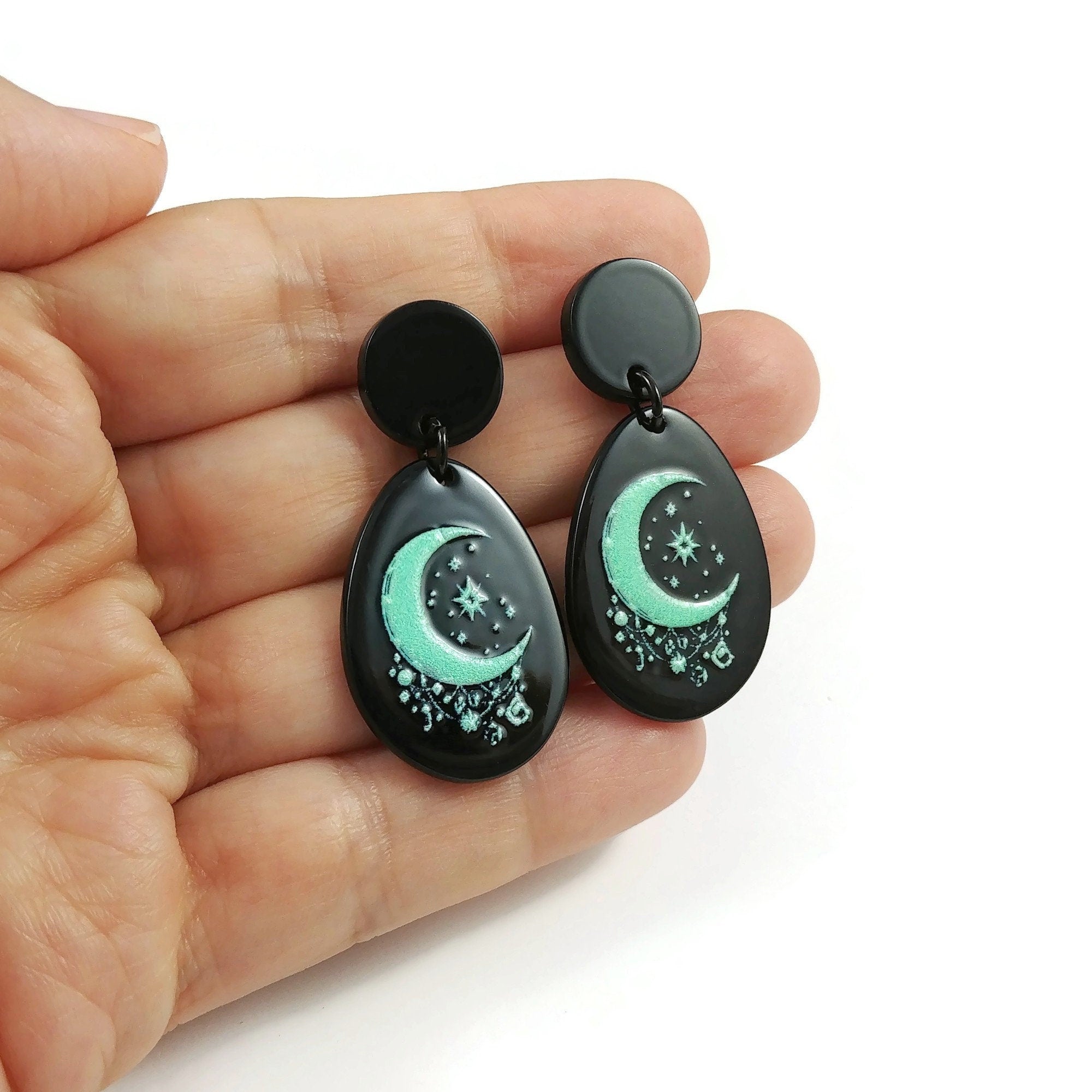 Turquoise boho moon drop earrings, Celestial black acrylic earrings, Statement titanium jewelry for sensitive ears