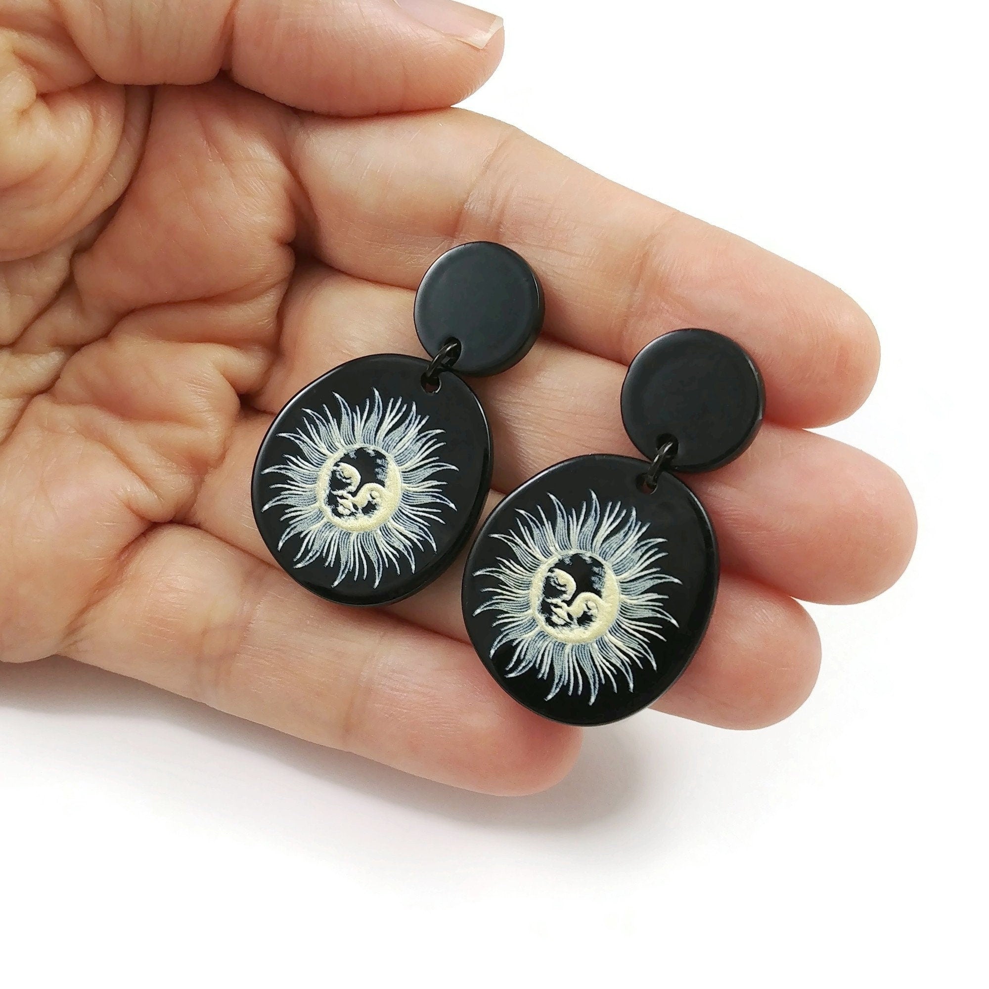 Sun drop earrings, Celestial black acrylic earrings, Titanium jewelry for sensitive ears