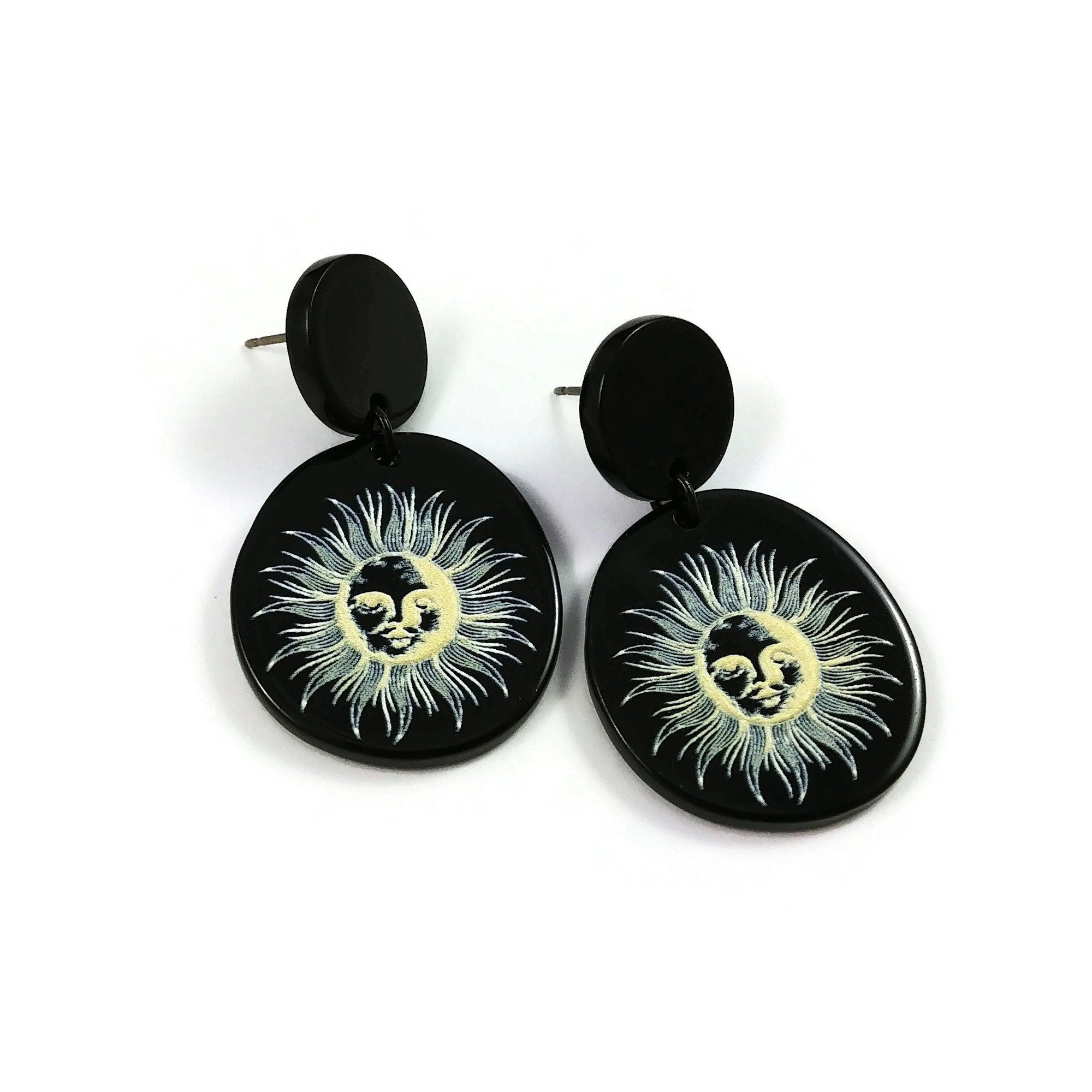 Sun drop earrings, Celestial black acrylic earrings, Titanium jewelry for sensitive ears