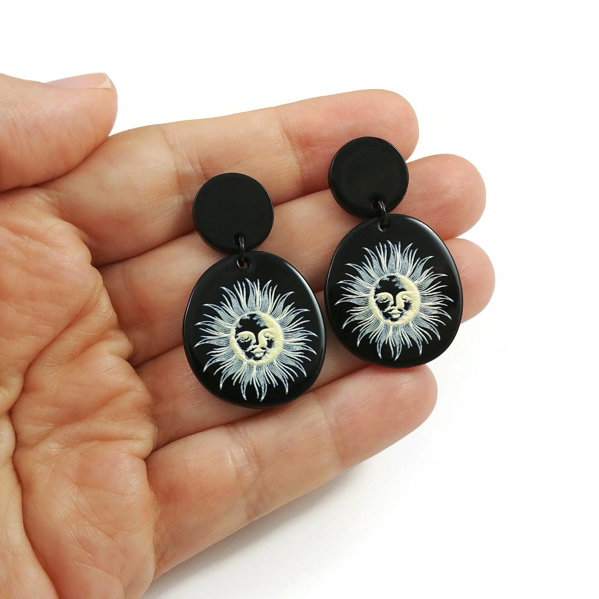 Sun drop earrings, Celestial black acrylic earrings, Titanium jewelry for sensitive ears