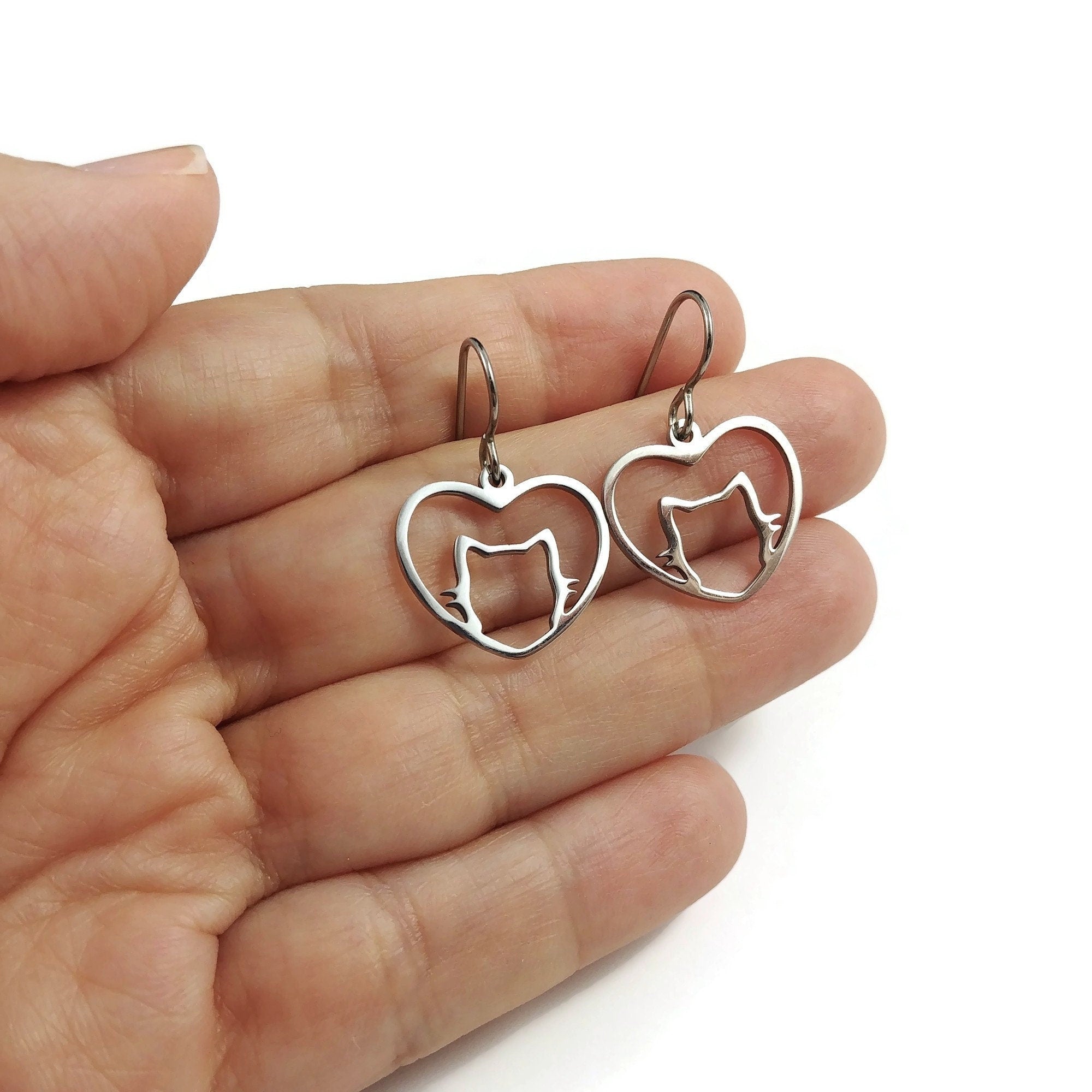 Silver cat drop earrings, Cat lover gift, Cute heart earrings, Hypoallergenic titanium jewelry