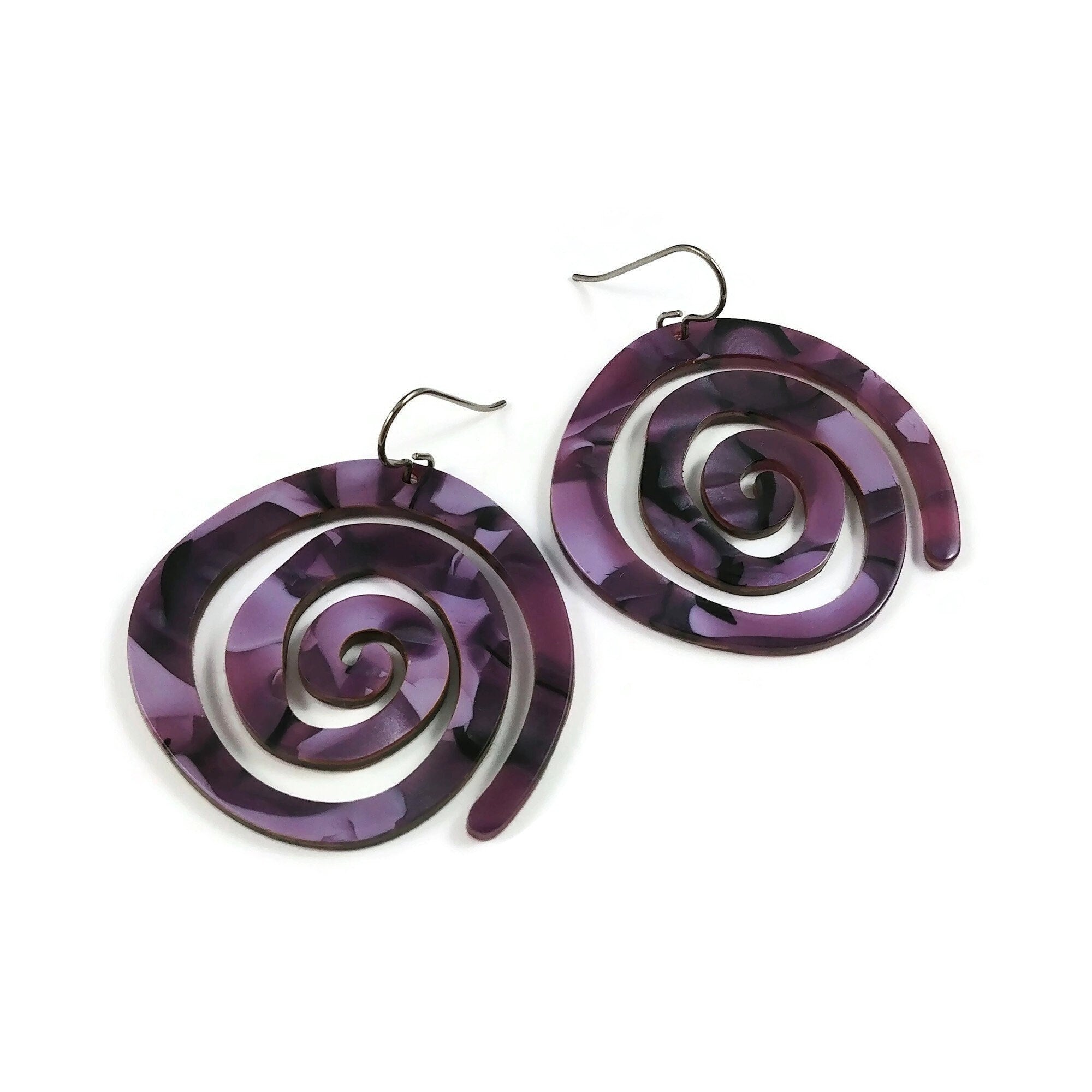 Purple resin dangle earrings, Statement modern earrings, Hypoallergenic pure titanium jewelry, Large spiral earrings